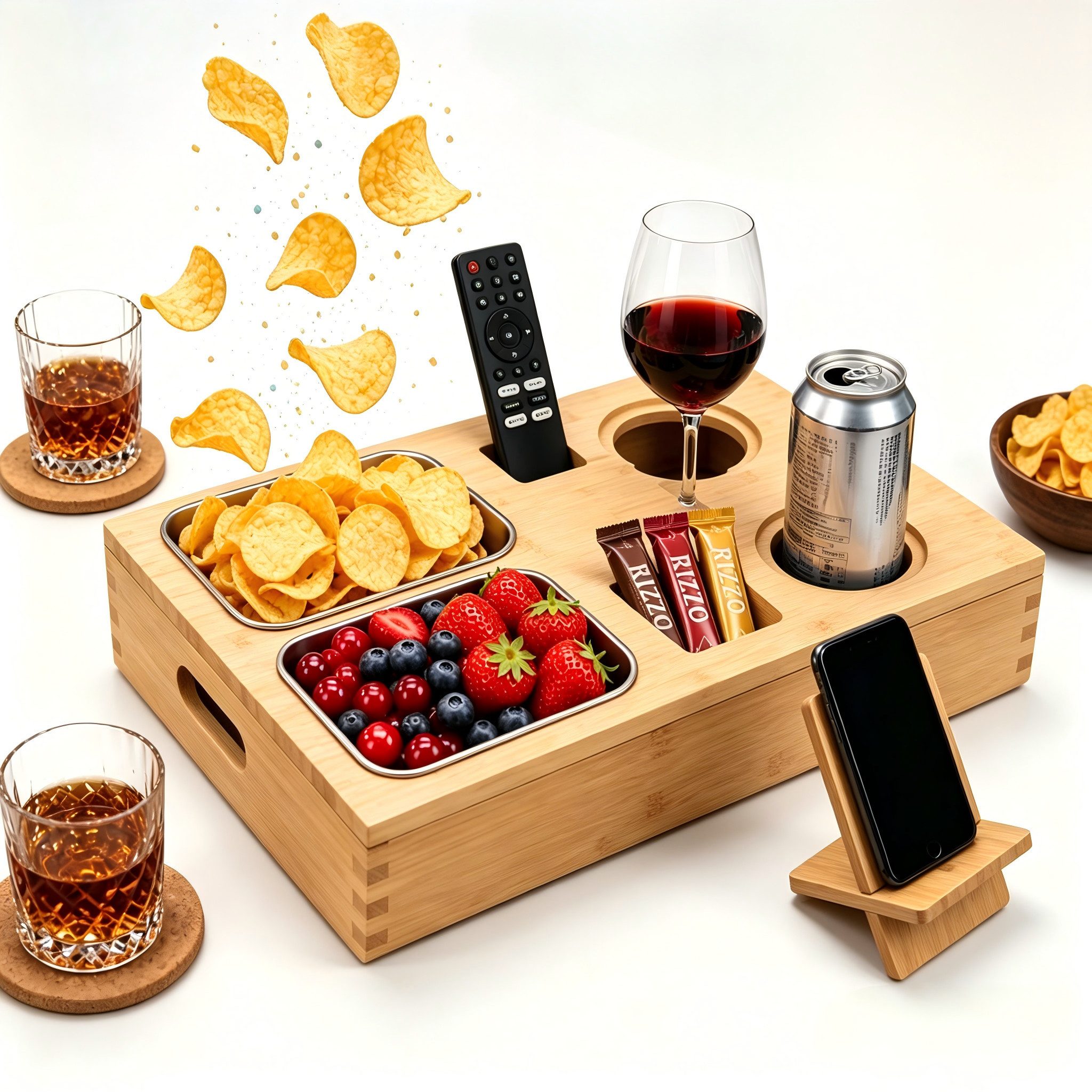 Zedelmaier Servierplatte Snackbox aus Bambus, FIFA World Cup Couchbar, Kaffeebar, Sofatablett, Bambus, mit 2 Snackschalen, 2 Getränkehaltern mit Untersetzer, Handyhalterung