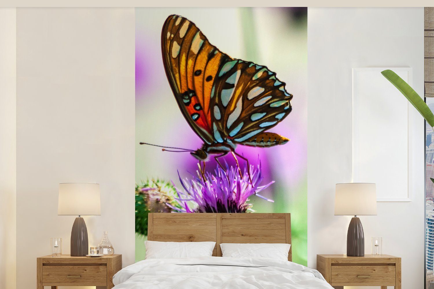 Schmetterling Küche, Wohnzimmer Blumen (2 - MuchoWow Vliestapete Fototapete Matt, St), Schlafzimmer - Insekten, für Fototapete bedruckt,