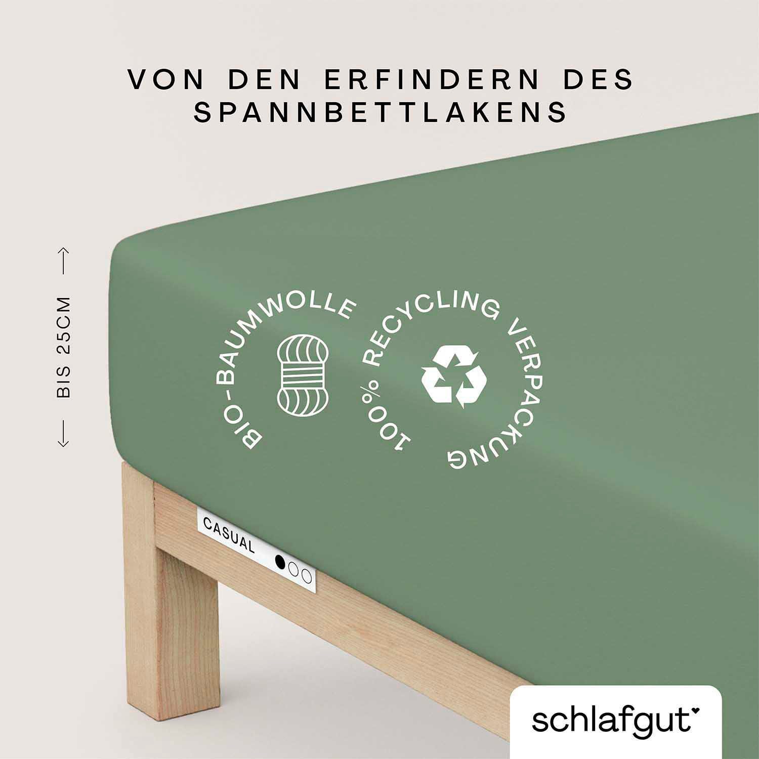 Schlafgut Spannbettlaken CASUAL Bettlaken 100% gekämmte Bio-Baumwolle, 150 g/m², Spannbetttuch, Jersey, Gummizug: rundum, (1 Stück), Bettlaken bis 25 cm Höhe, langlebig, weich, Antipilling-Ausrüstung