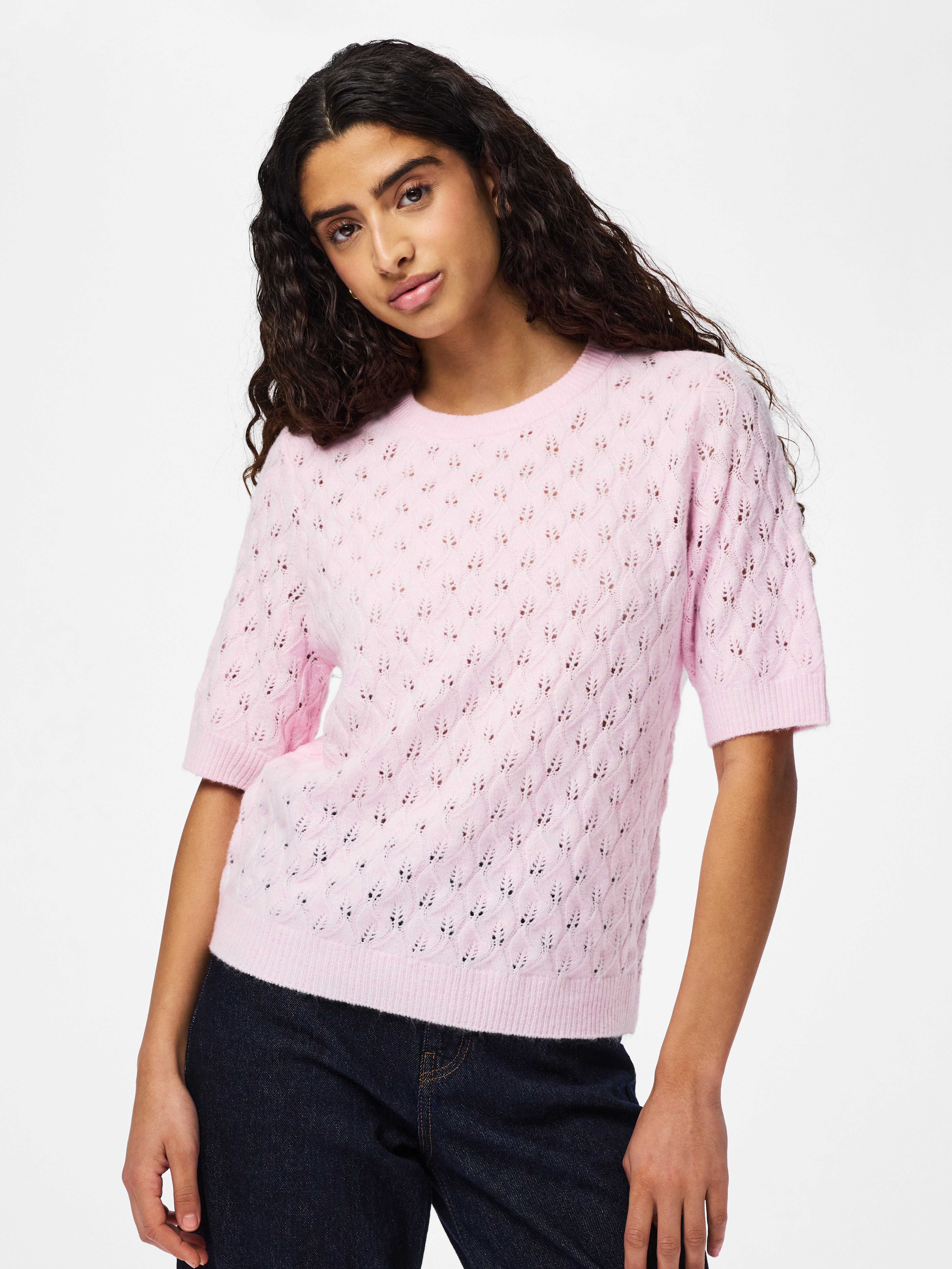 pieces Strickpullover PCLELOU SS O-NECK KNIT NOOS BC mit Ajourmuster günstig online kaufen