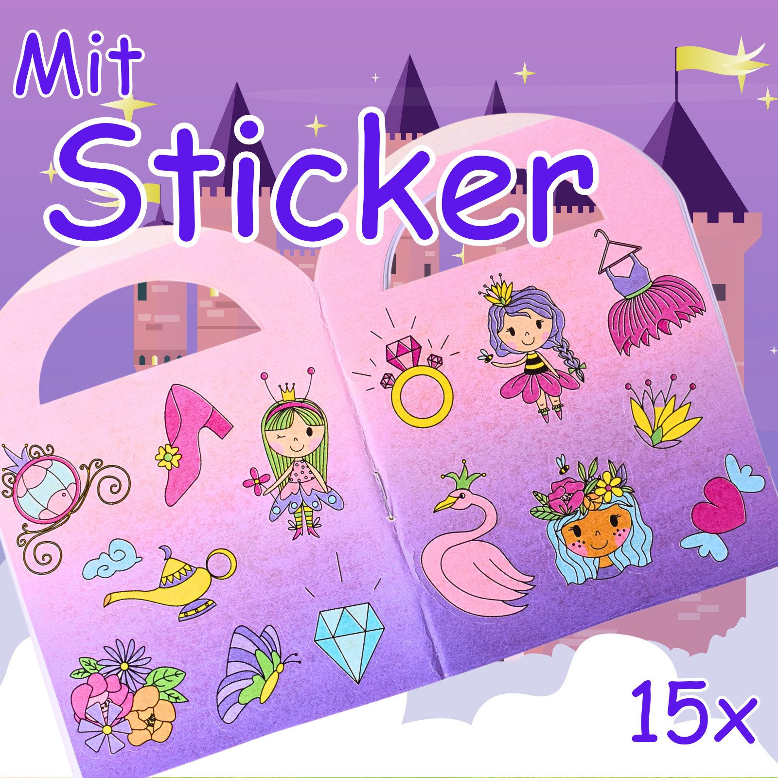 TE-Trend Stickerbuch 12 Stück Prinzessin Motiv Malheft Ausmalheft Set mit je 15 Sticker, mit 15 Prinzessin-Sticker