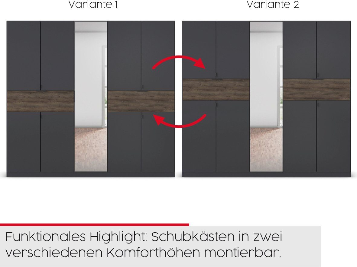 rauch Drehtürenschrank Ticao mit die in können variabel Graumetallic/Atlantic dunkel Oak Höhe positioniert der Schubkästen, werden