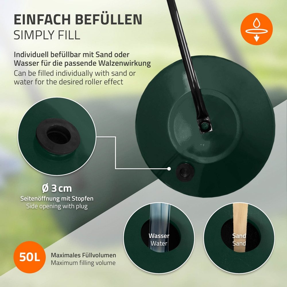 ECD Germany Rasenwalze Rasenroller zur Bodenverdichtung befüllbar mit Wasser/Sand Bodenwalze, 59.5 cm,Stahl Gartenwalze 50L Füllvolumen 60 cm breit Ø31,5cm Hand – Bild 4 von 5