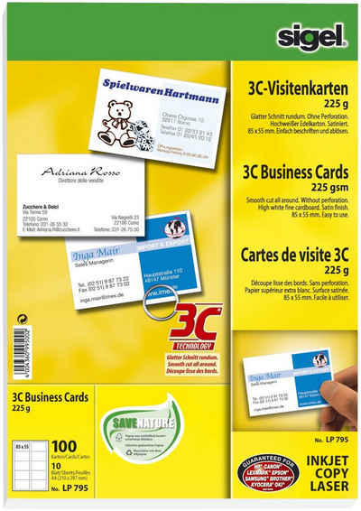 Sigel Briefpapier sigel Visitenkarten 3C, 85 x 55 mm, 225 g/qm, hochweiß