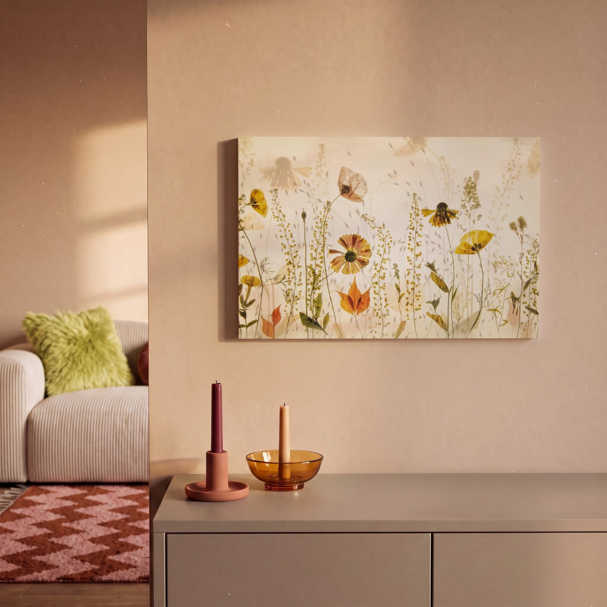 OneMillionCanvasses® Leinwandbild Illustration - Pflanzen - Insekten - Beige, Fotodruck (1 St), Wandbild, Deko Schlafzimmer Wohnzimmer Flur 20x20 cm – Bild 2 von 5