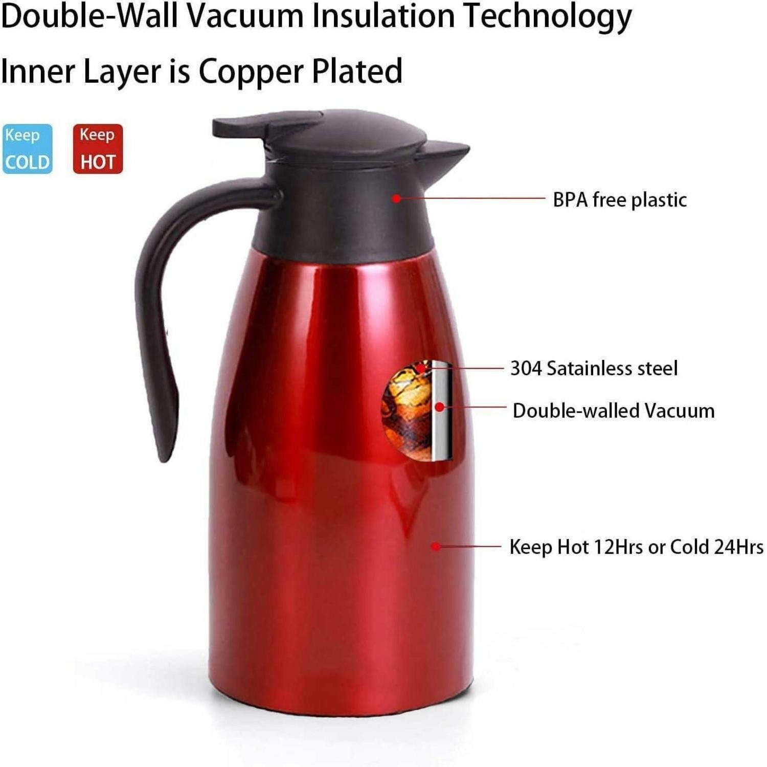 LuxusKollektion Isolierkanne Thermoskanne 2L Edelstahl Vakuum Verschluss QuickTip Rot