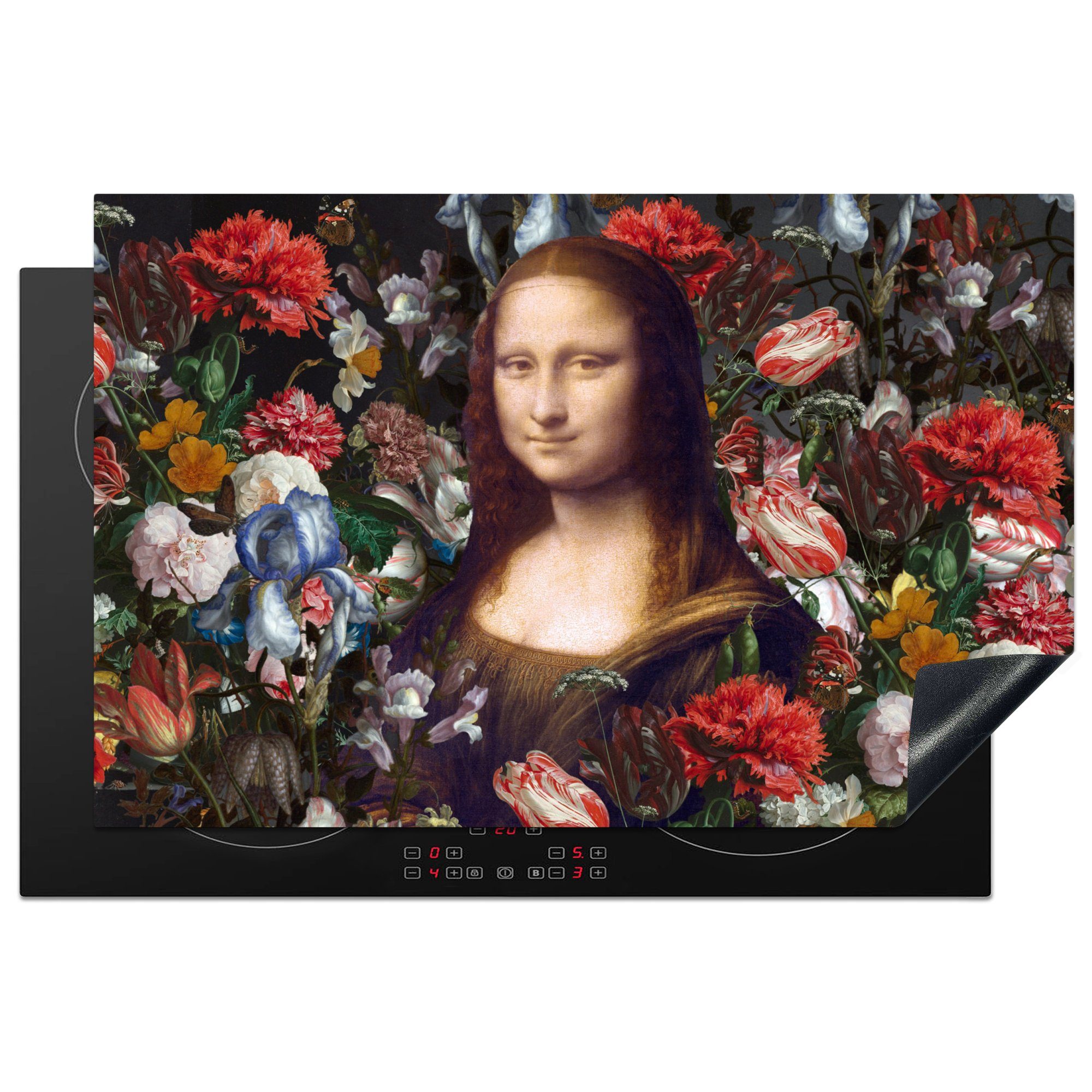 MuchoWow Herdblende-/Abdeckplatte Mona Lisa - Leonardo da Vinci - Blumen, Vinyl, (1 tlg), 81x52 cm, Induktionskochfeld Schutz für die küche, Ceranfeldabdeckung