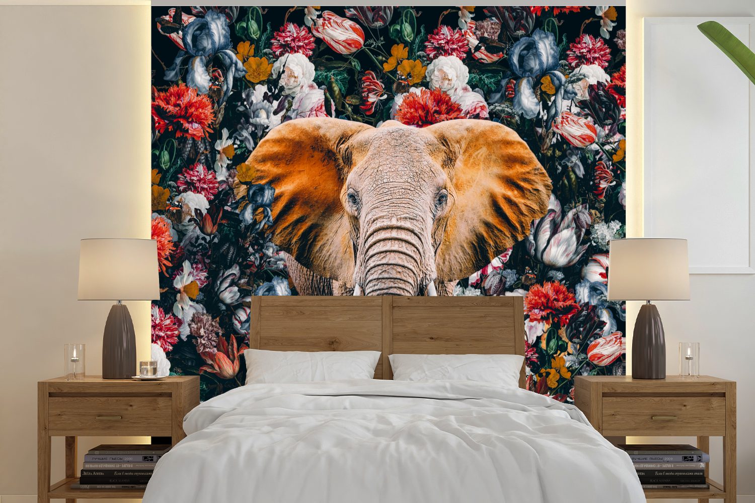 MuchoWow Fototapete Elefant - Blumen oder - Wohnzimmer Wandtapete Schlafzimmer, für (5 Matt, Vinyl St), Tapete Tasse, bedruckt
