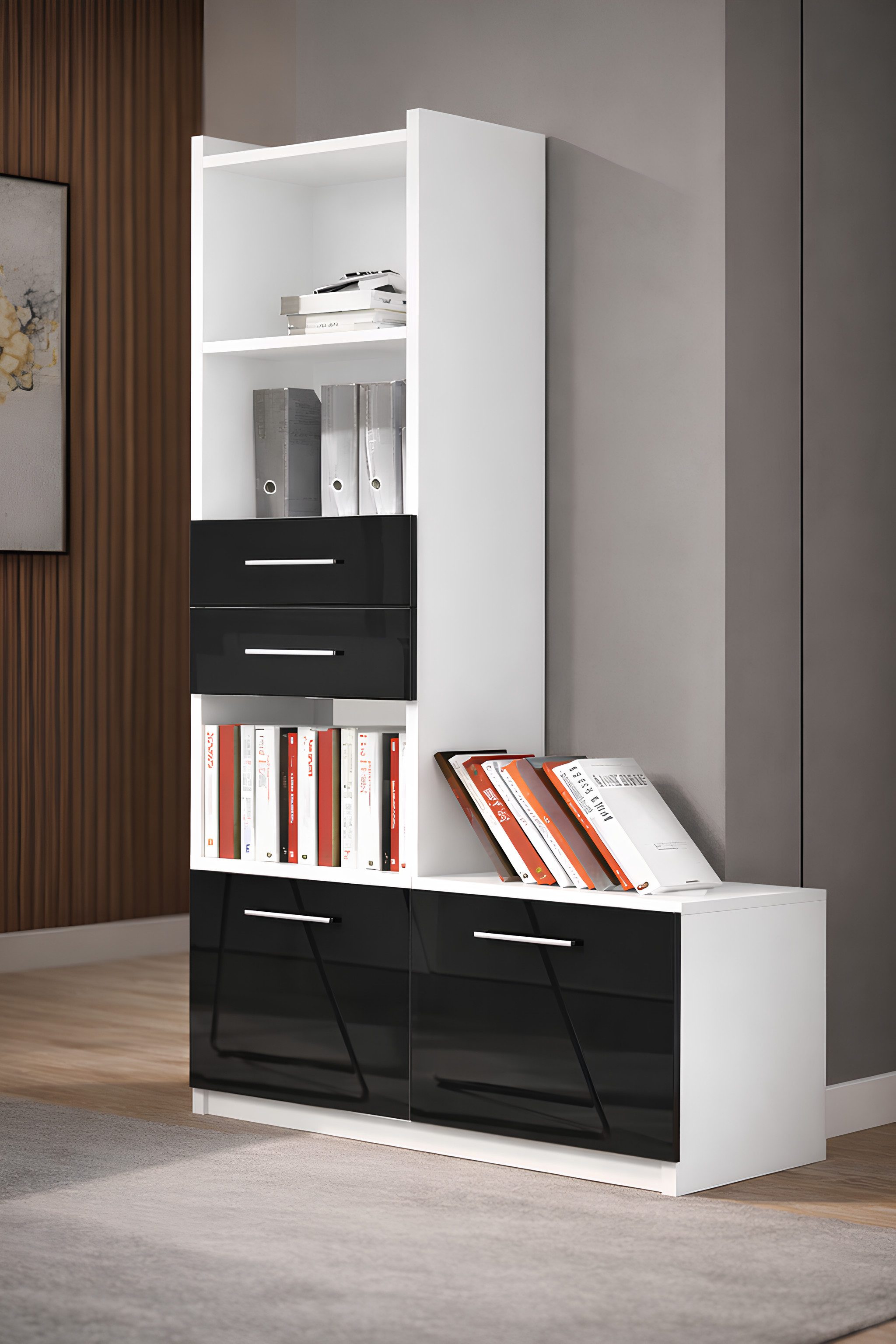 Xlmoebel Bücherregal Design Schrank Hochglanz Regal in Grau Weiß für modernes SOFORT, Hergestellt in Europa