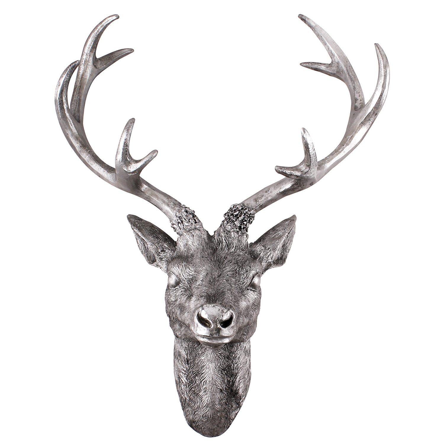 Mojawo Wanddekoobjekt XXL Hirschgeweih Hirschkopf Geweih 10-Ender Silber Optik 48x32x61cm