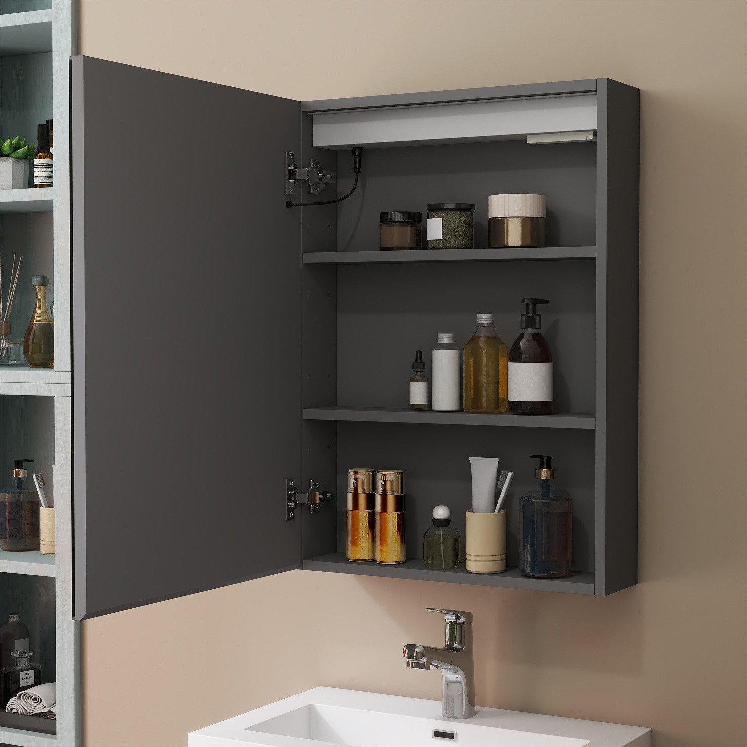 duschspa Spiegelschrank LED Badschrank mit Steckdose drei Lichtfarbe dimmbar Beschlagfrei Touch/Wandschalter, Weiß Matt/Schwarz Hochglanz, 40-100cm