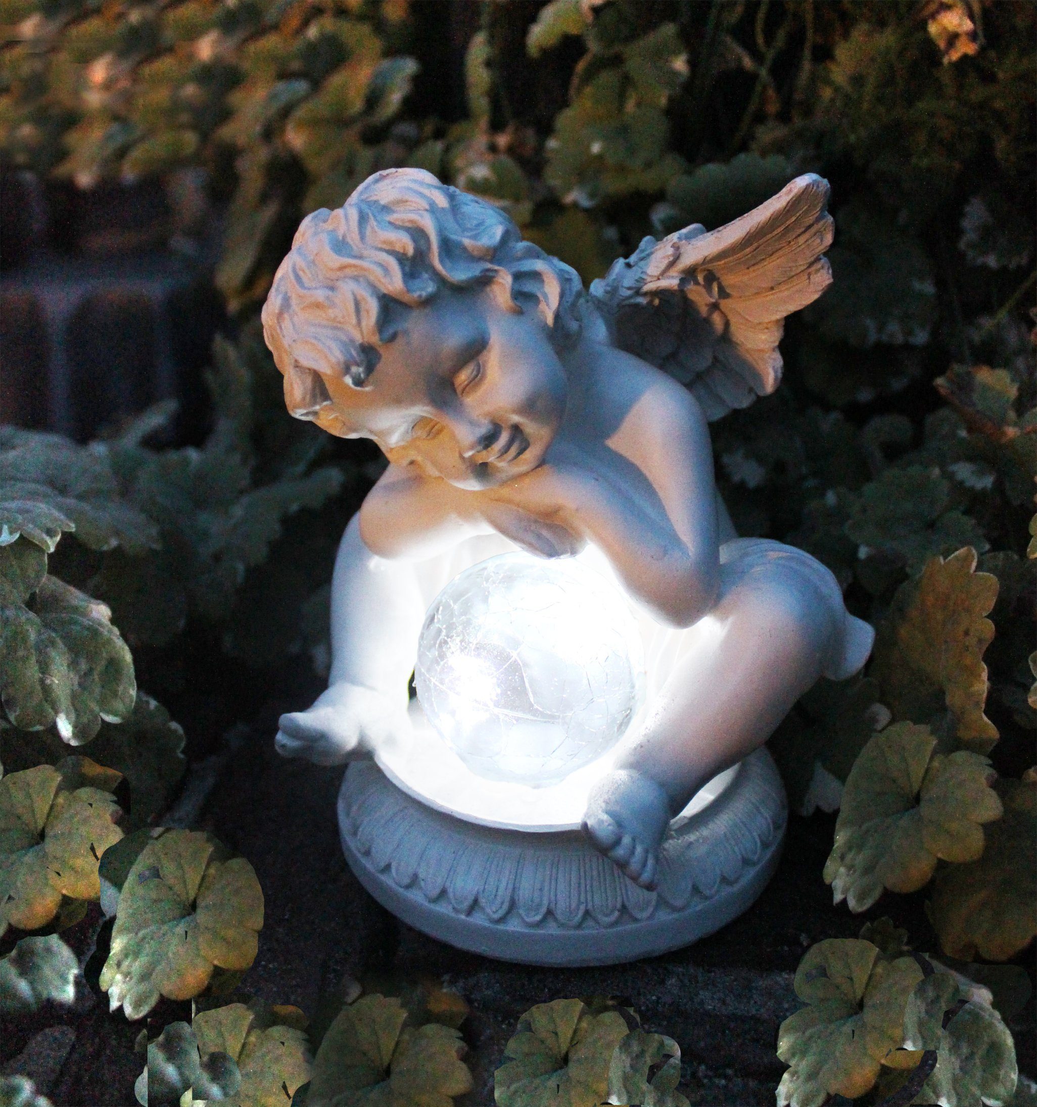 Engel Arnusa Grableuchte Gartendekoration Solarleuchte mit Figur beleuchtet, Glaskugel Gartenfigur