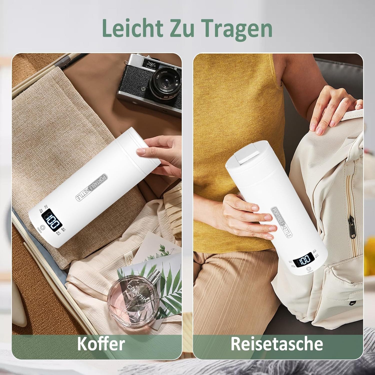Forrlite Wasserkocher Tragbarer Wasserkocher,Reise-Wasserkocher,Thermobecher,Edelstahl, 300 W, 220V,500ml,Teekanne,Heizbecher,LCD-Temperaturanzeige,Geschenkset – Bild 4 von 5
