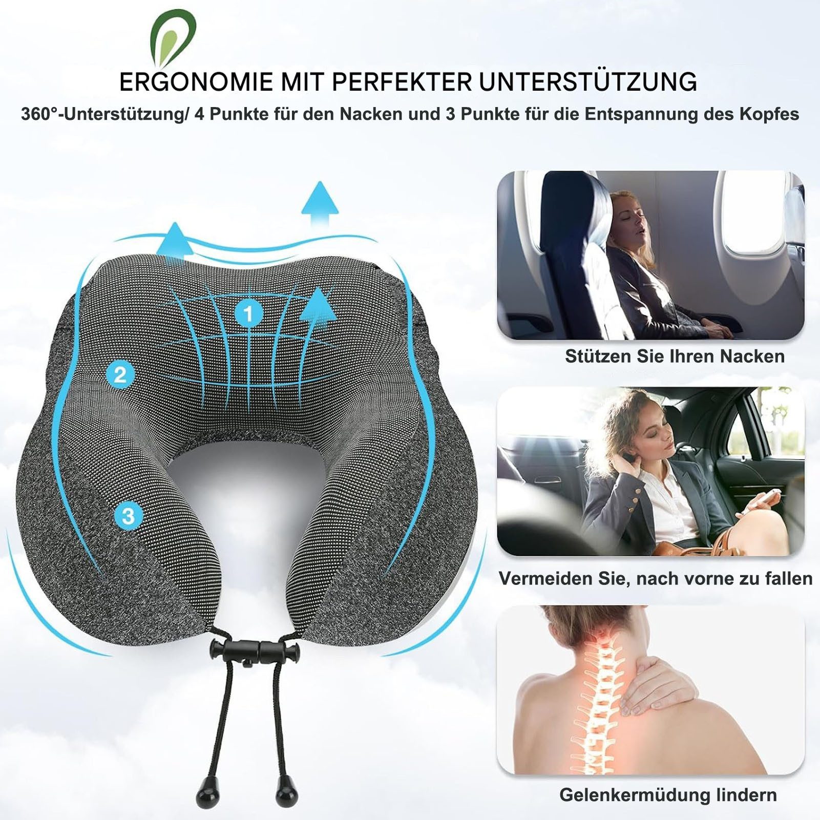 SURFOU Reisekissen Nackenkissen Flugzeug U-Form Nackenhörnchen Memory Foam mit Haube, Abnehmbarer, maschinenwaschbarer Kissenbezug, Verstellbare Kordel, Faltbar – Bild 4 von 5