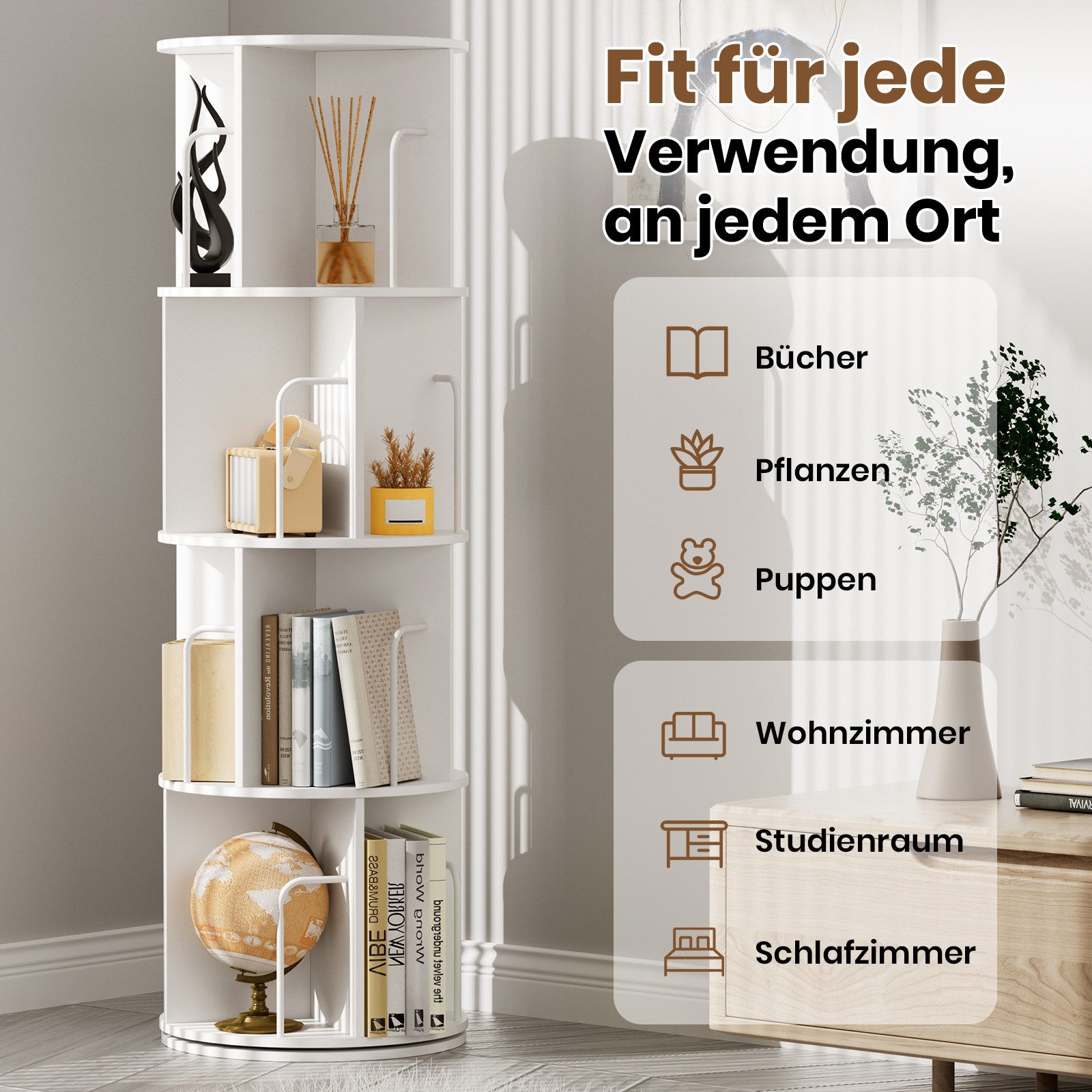 Oak&Tea Bücherregal Bücherregal drehbar mit 4 Ebenen, Standregal für Bücher & Deko, 4 Etagen, Höhe 128cm, drehbar, Durchmesser 40 cm, platzsparend