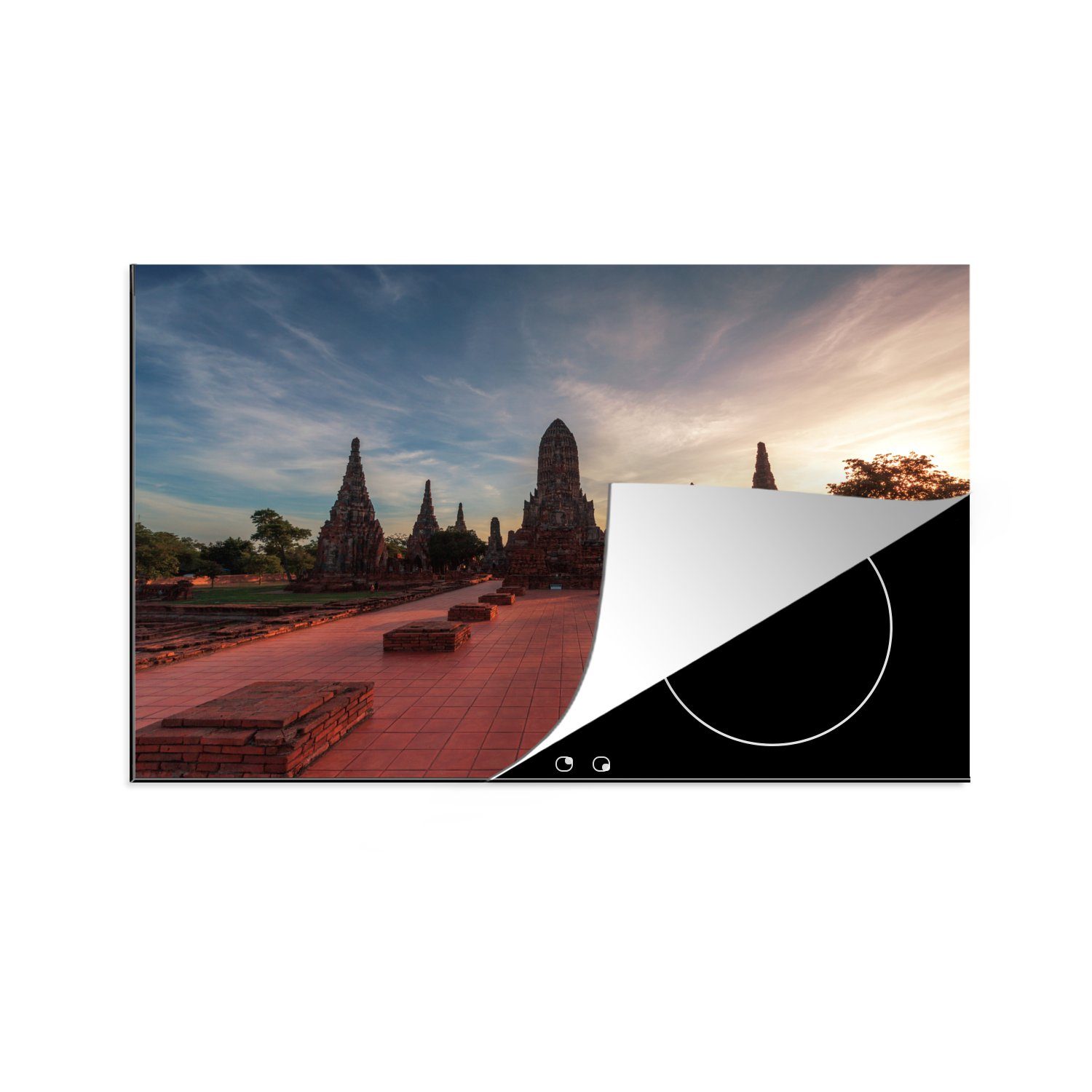 MuchoWow Herdblende-/Abdeckplatte Der alte Tempel in Ayutthaya mit einem wunderschönen Sonnenuntergang, Vinyl, (1 tlg), 81x52 cm, Induktionskochfeld Schutz für die küche, Ceranfeldabdeckung