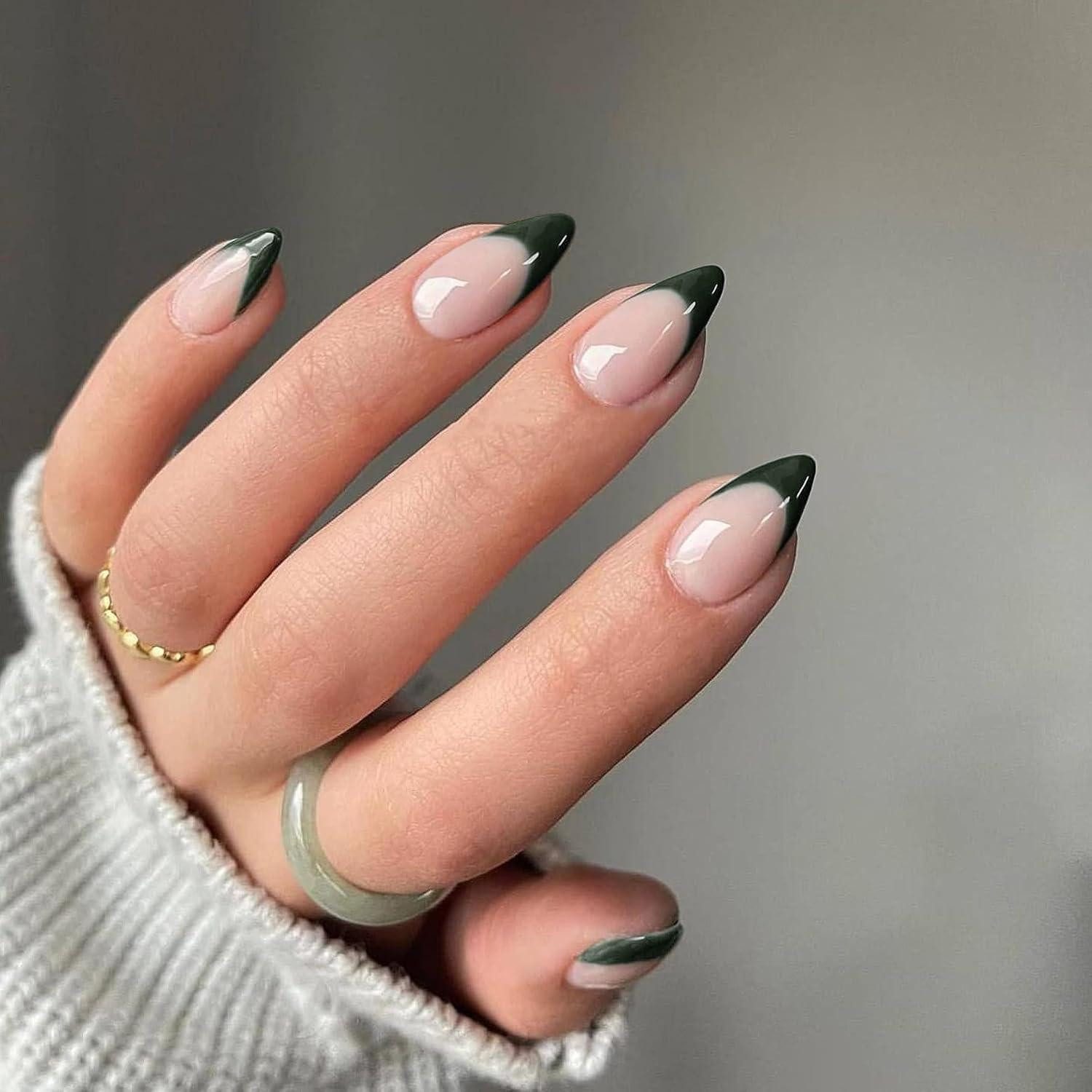 LuxusKollektion Kunstfingernägel Press On Nägel Gel French Tip 30 Stück Smaragd Mandel Dunkel Grün