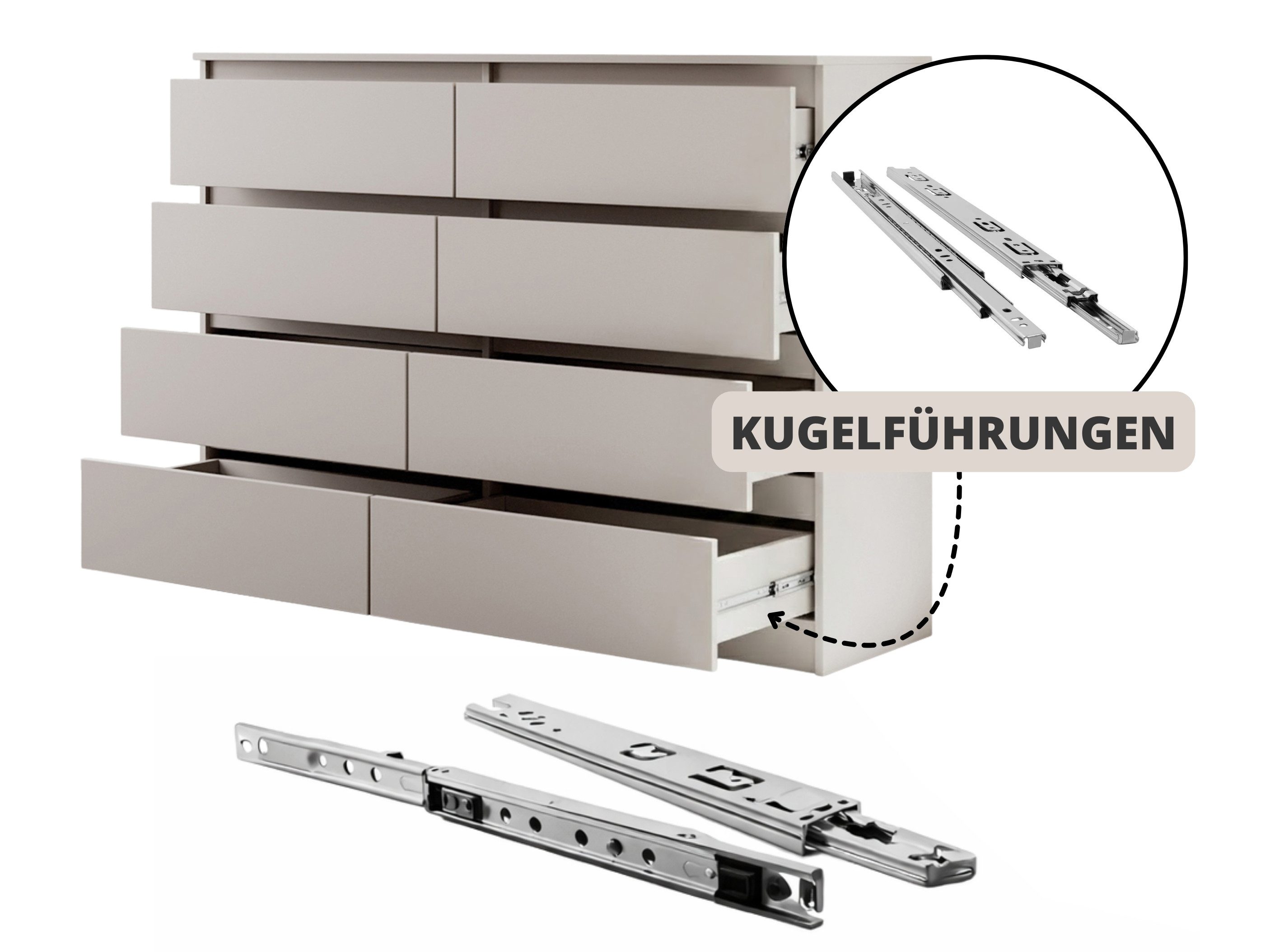 Beautysofa Kommode LEMON Kaschmir mit 8 Schubladen (Moderne Schubladenkommode Sideboard, mit Kugelführungen), Breite: 120 cm oder 140 cm