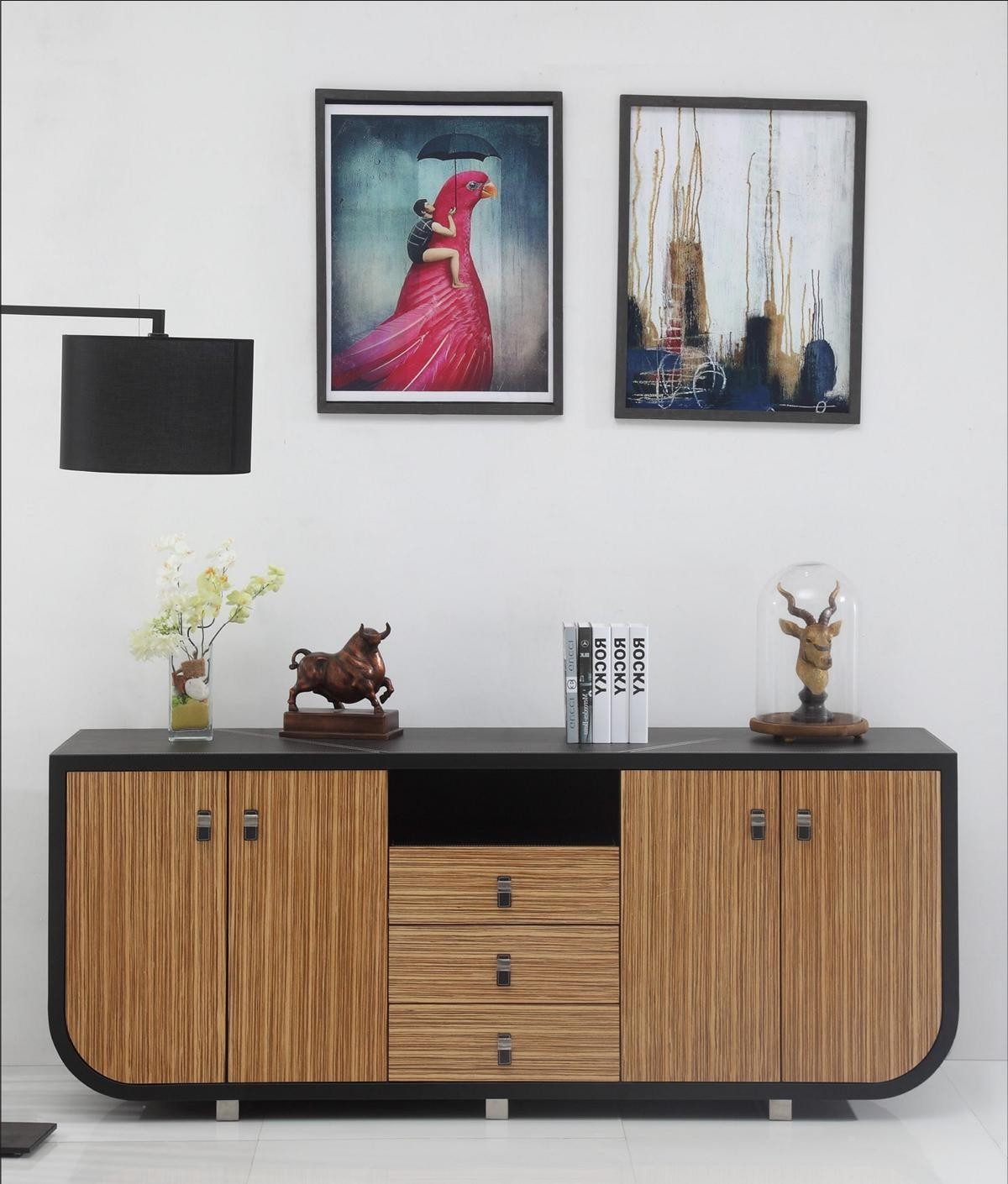Xlmoebel Sideboard Schwarze Holz-Kommode mit Lederfaserstoff-Details von XLMOEBEL, Made in Europa