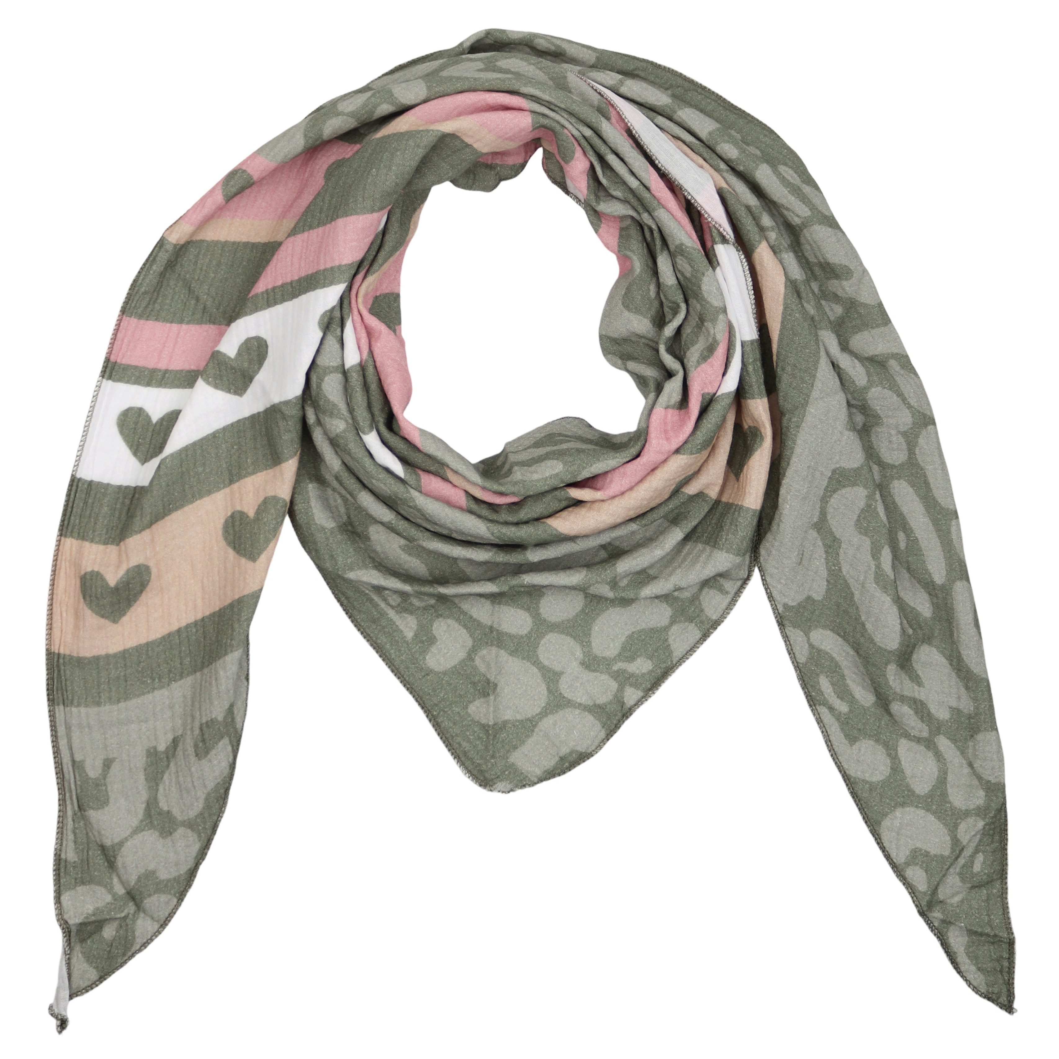 MIRROSI Dreieckstuch Aus Musellin Dreiecksschal ca.195x90 cm, Made in Italy, (Leicht, ideal für das ganze Jahr; 100% Baumwolle), in tollen Farben (Leo Love Muster)