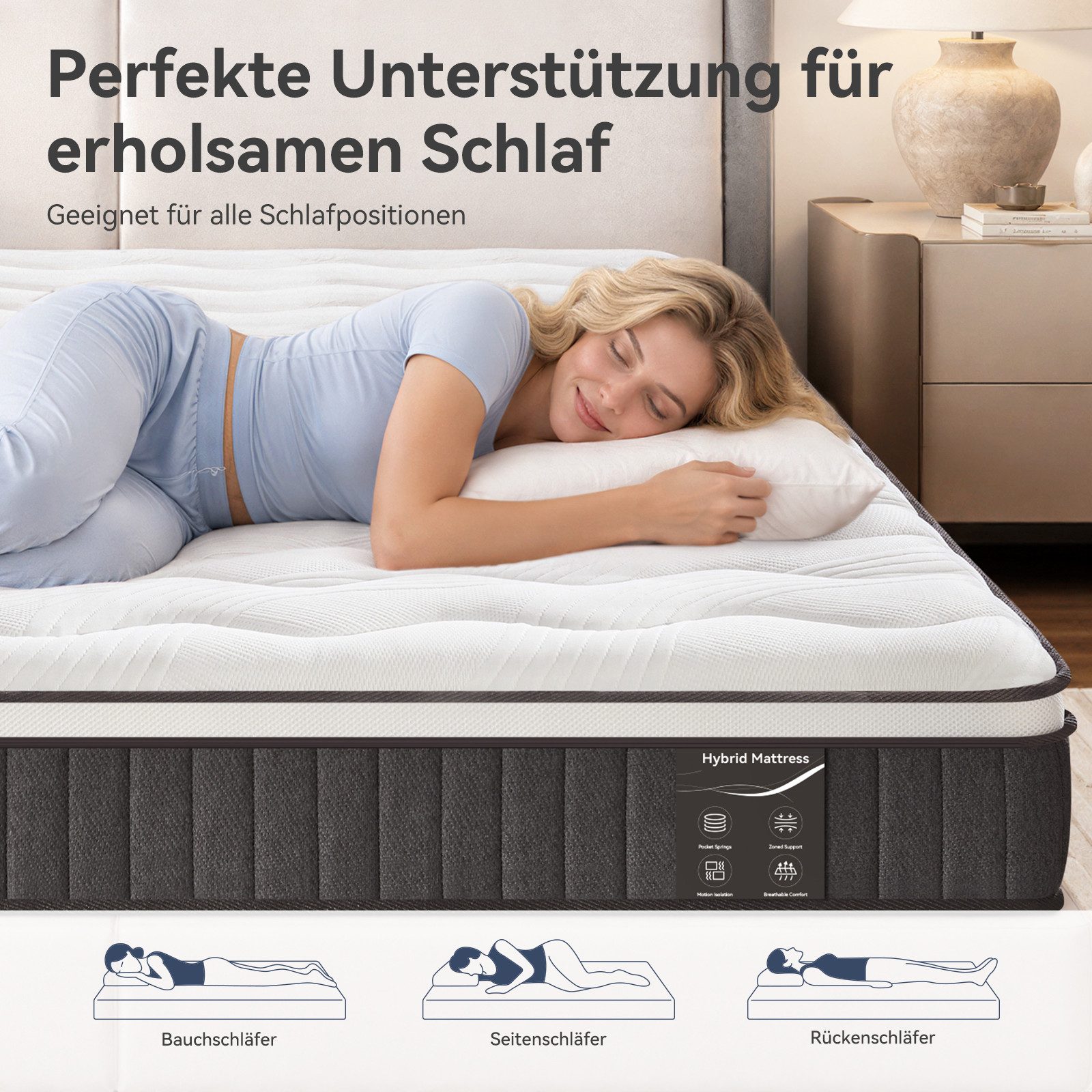Taschenfederkernmatratze 7-Zonen Taschenfederkern Hybridmatratze Gel-Memory atmungsaktiv H3/H4, NicePlus, 22 cm hoch, Atmungsaktiv , Kühlend, Orthopädisch, Punk – Bild 5 von 5