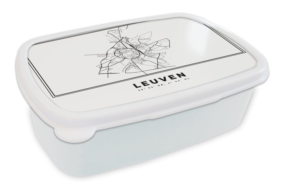 MuchoWow Lunchbox Stadtplan - Schwarz und weiß - Karte - Leuven - Belgien, Kunststoff, (2-tlg), Brotbox für Kinder und Erwachsene, Brotdose, für Jungs und Mädchen