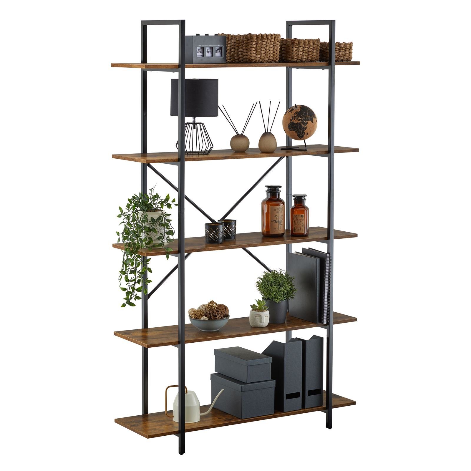 CARO-Möbel Bücherregal MEDA, Regal im Industrial Stil aus Metall in schwarz und MDF braun 5 Regalbö