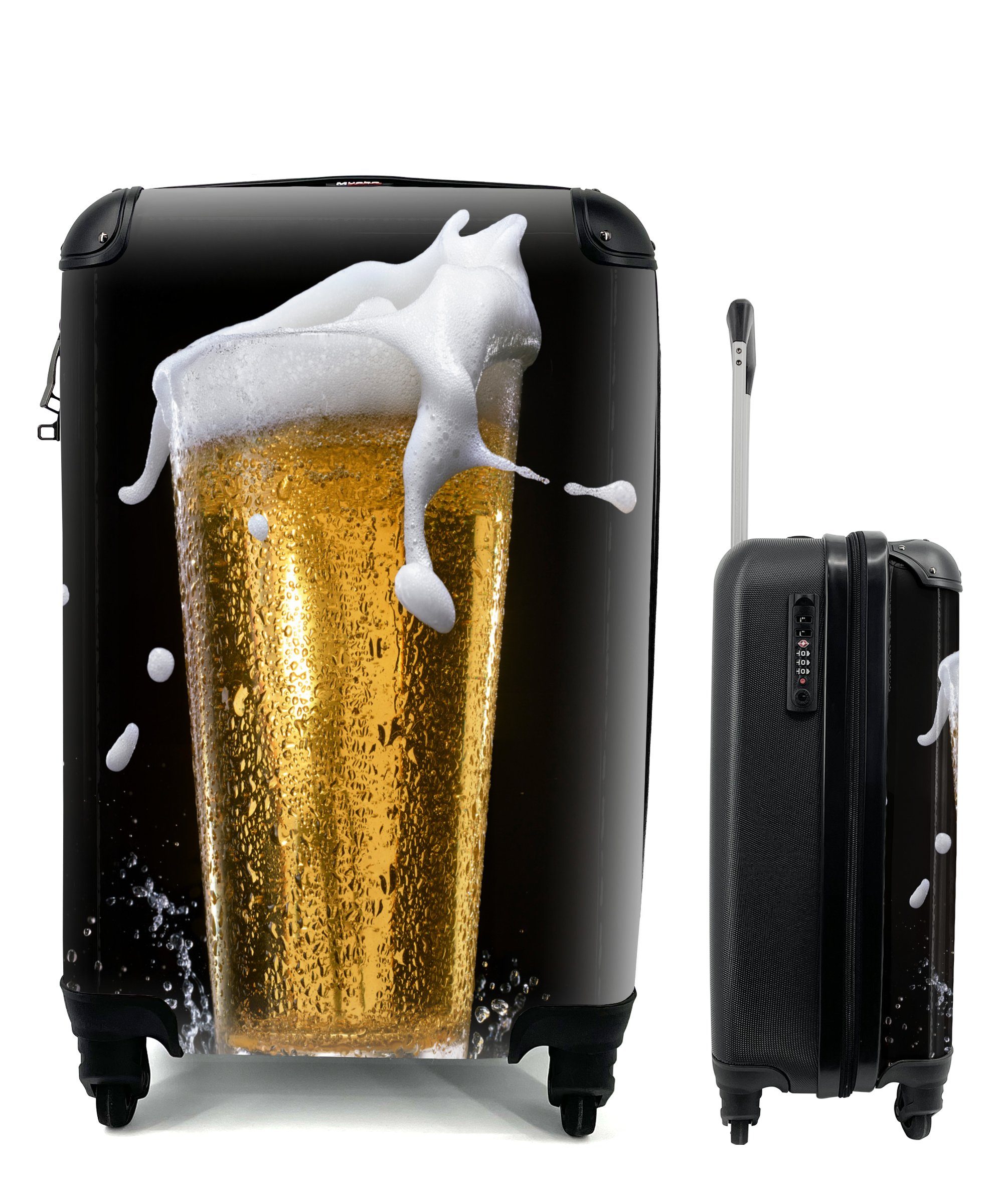 MuchoWow Handgepäckkoffer Leckeres Bier auf schwarzem Hintergrund, 4 Rollen, Reisetasche mit rollen, Handgepäck für Ferien, Trolley, Reisekoffer