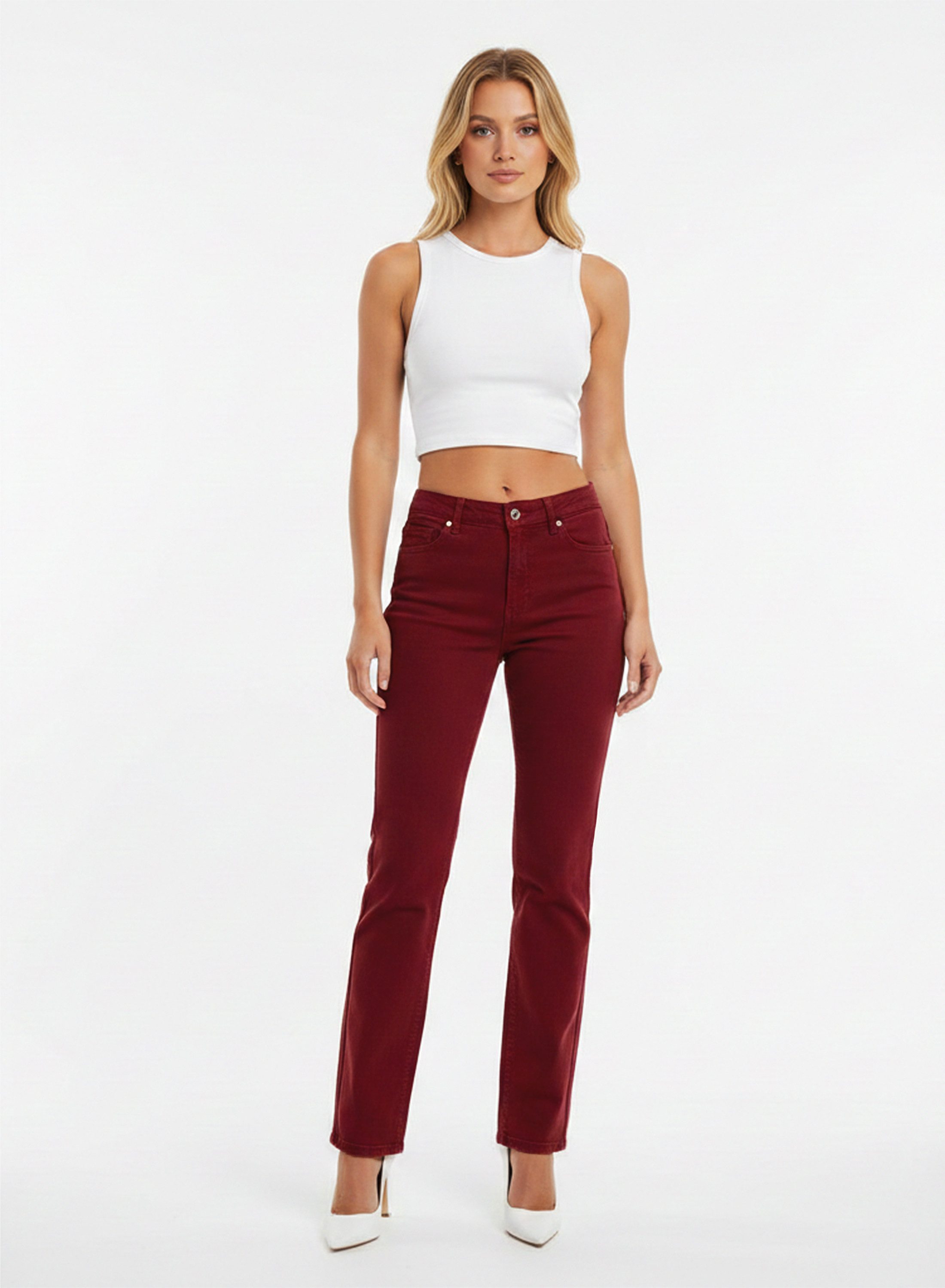 ESRA Stoffhose Stretch Hose Damen Regular Stoff-Hose Damen Elegant Hose elastisch Bordeaux Damen Hose Elegant Business Hose Stoffhose Straight Hose High