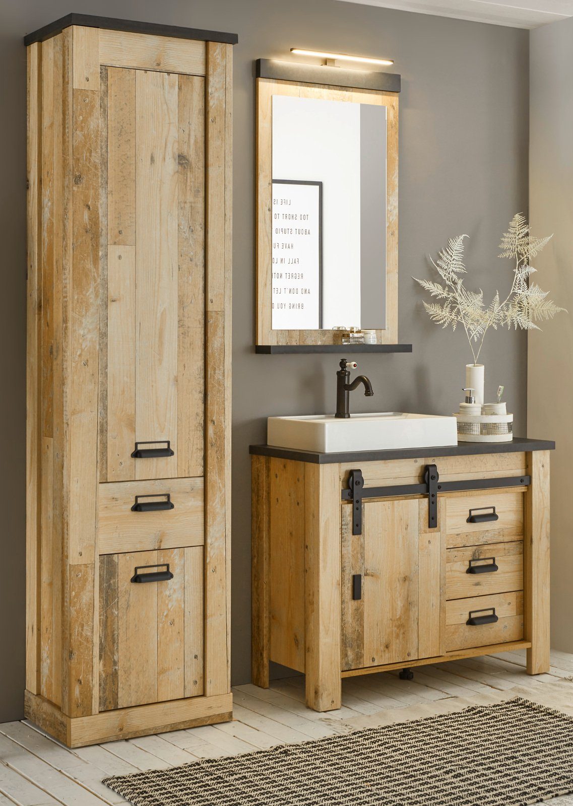 Furn.Design Badmöbel-Set Stove, (Used Wood Vintage, Komplett-Set), inklusive Waschbecken und Spiegellampe, Soft-Close