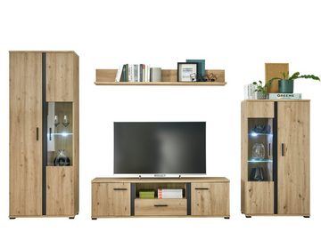 möbelando Wohnwand Kendall, (4-St), Moderne Wohnwand aus Spanplatte in Artisan Eiche Nachbildung, Absetzungen in Schwarz mit 2 Glas-/Holztüren, 4 Holztüren, 1 Schubkasten, 7 Konstruktionsböden, 3 Einlegeböden, 3 Glaseinlegeböden und 1 offenen Fach, inkl. Beleuchtung. Stellmaß ca. Breite 340 cm, Höhe 196 cm, Tiefe 40 cm