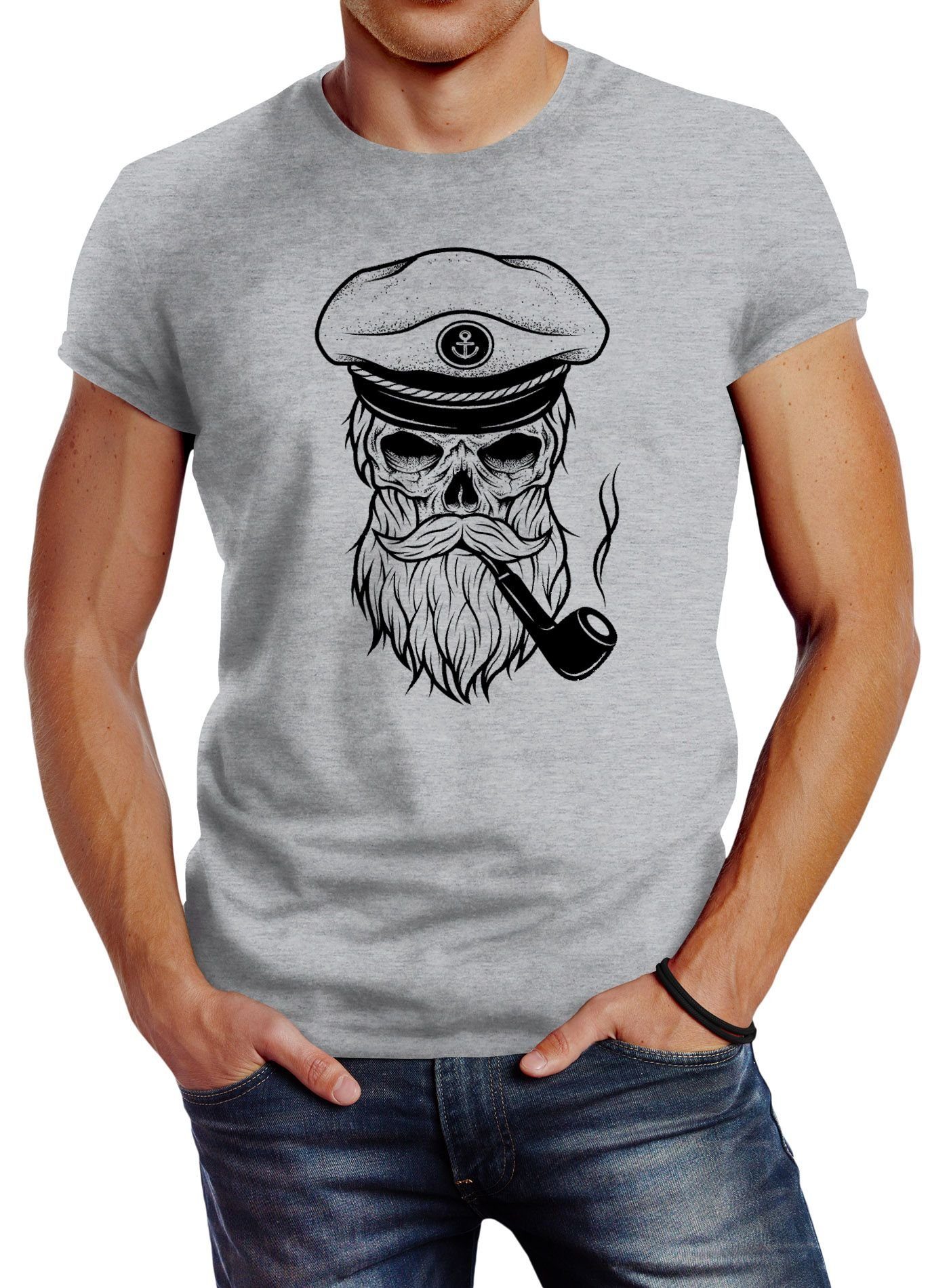 Neverless Print-Shirt Herren T-Shirt Totenkopf Kapitän Captain Skull Hipster Slim Fit Neverless® mit Print grau