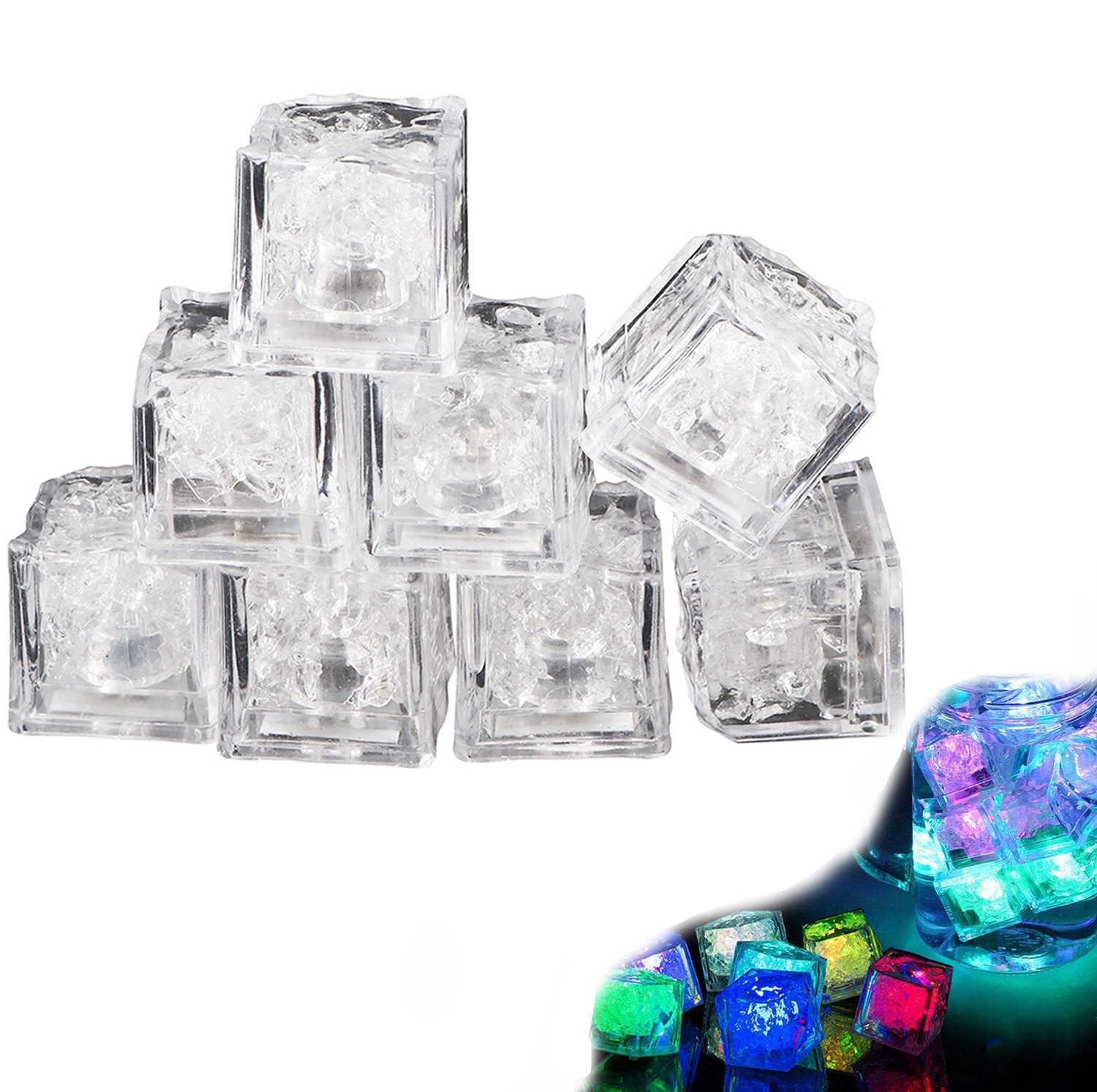 BlingBin LED Würfel 12x LED Eiswürfelschale für Getränke Eiswürfel Flüssigkeitssensor, Fügen Sie den Getränken Ihrer Gäste Eiswürfel hinzu, LED fest integriert, Farbiges Blinken, Sicheres Material,Sensordesign,Romantische Atmosphäre