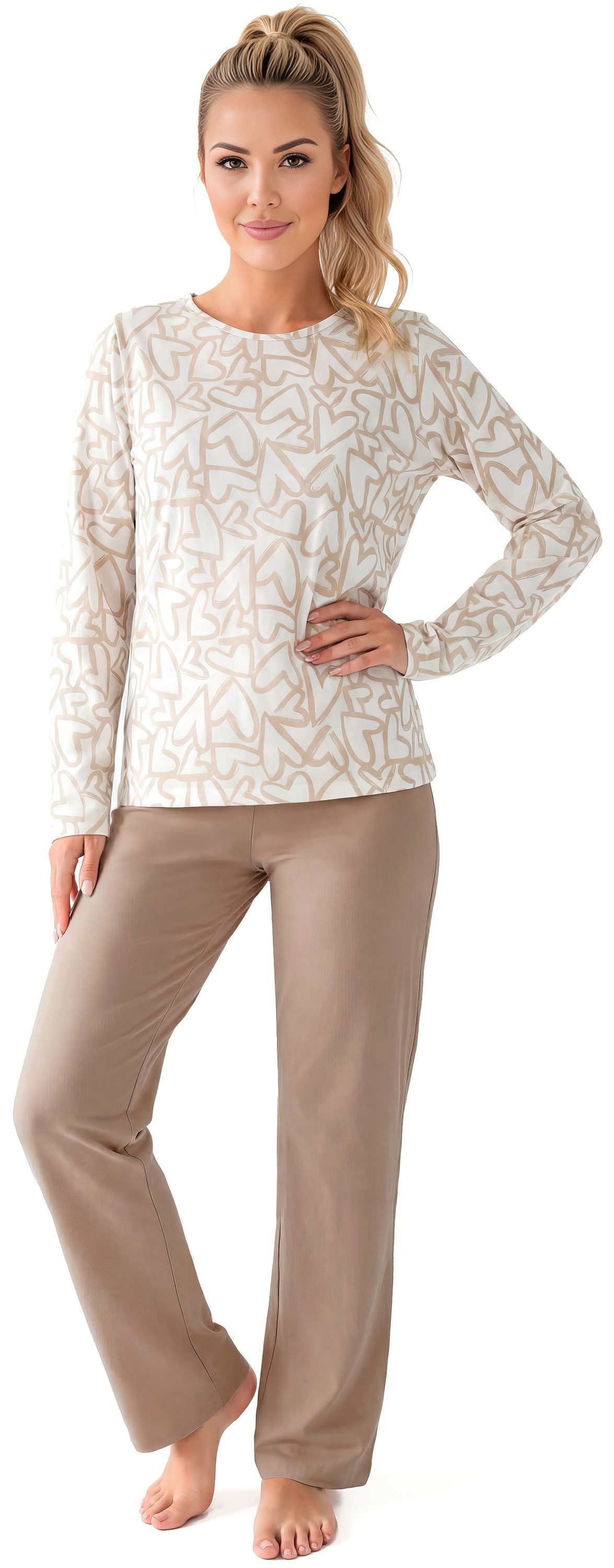 Donna Schlafanzug Adore (Set, 2 tlg., 2-teilig) Damen Pyjama lang 2-teilig Langarm Baumwolle Winter Herz