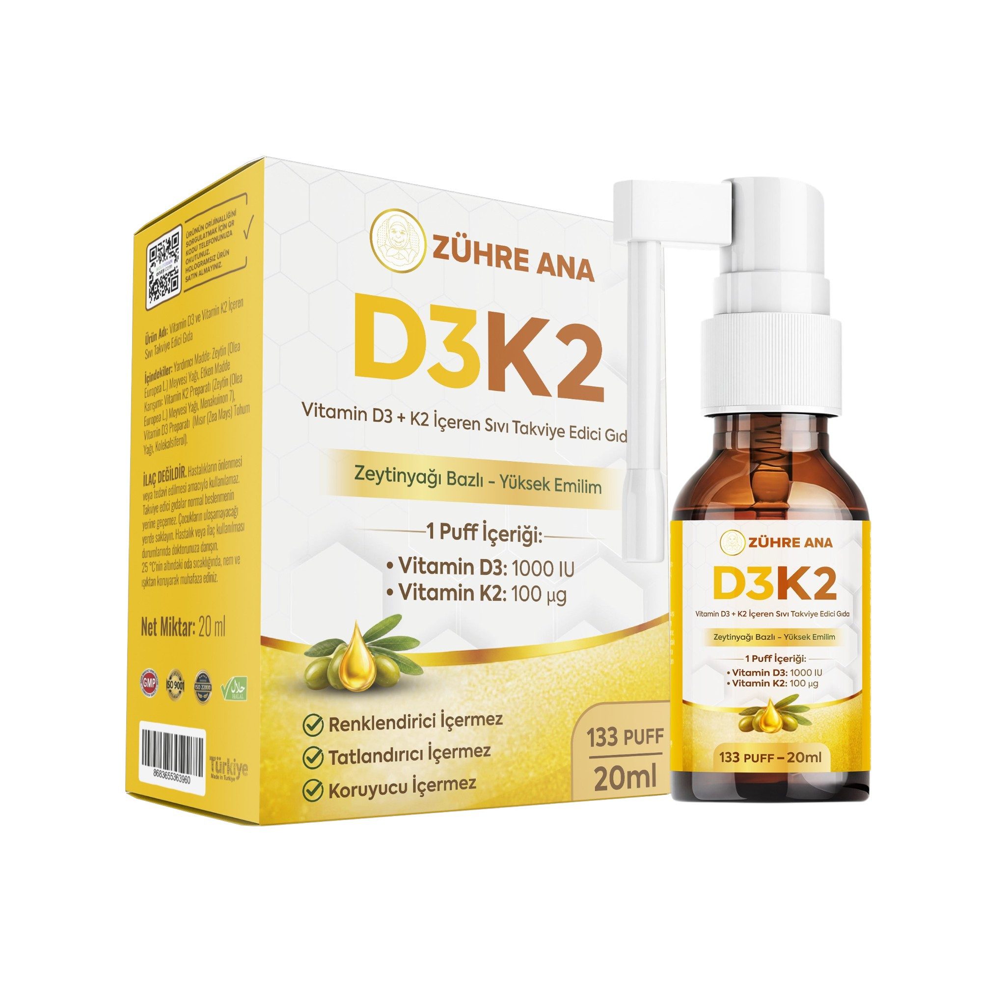 Zühre Ana® Vitamin D3 & K2 Flüssigspray – Nahrungsergänzung mit MK-7 & D3 Spray, 20 ml, Auf Olivenölbasis – Hohe Resorbierbarkeit 20 ml 133 puff
