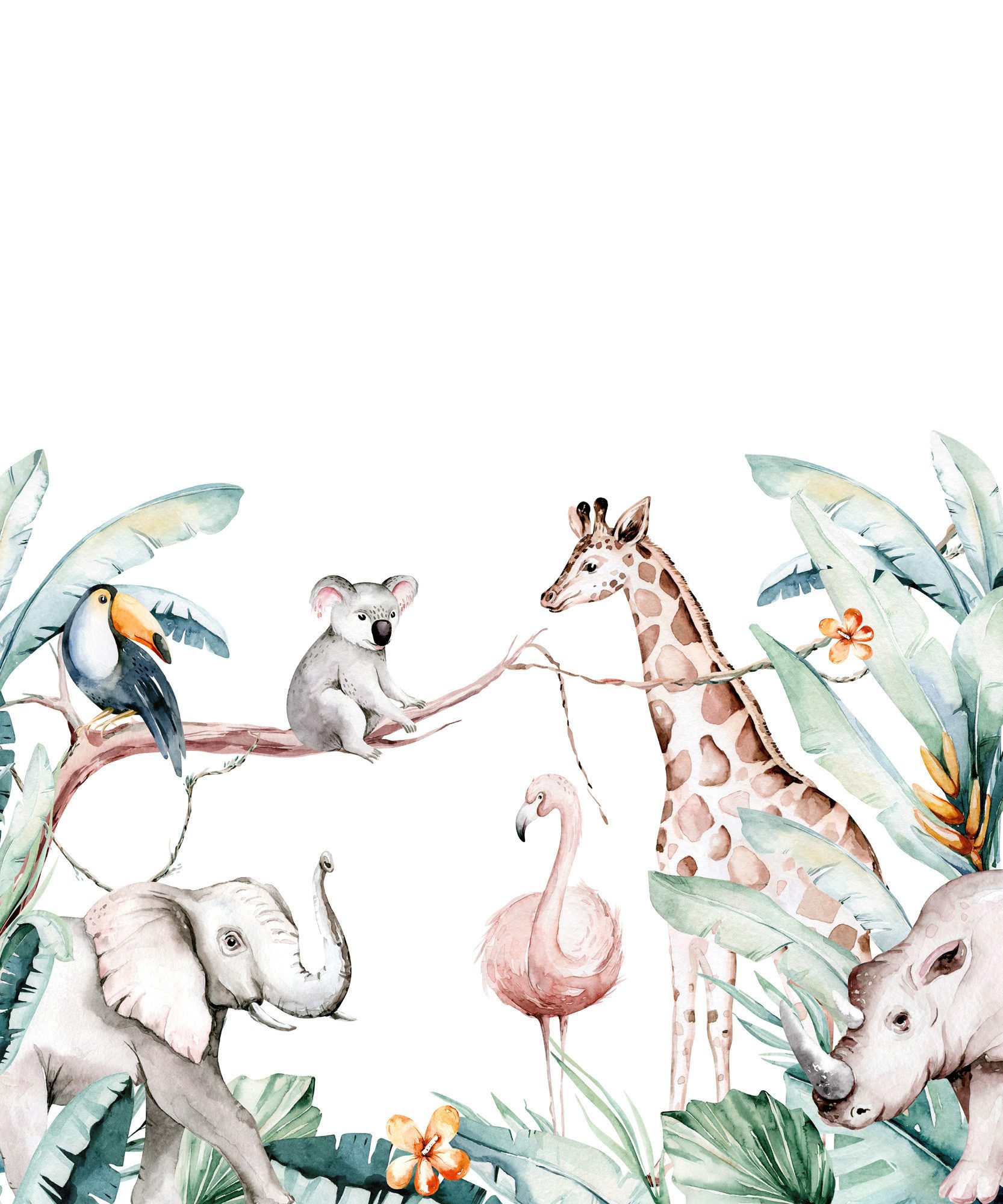 Rasch Fototapete Kinderzimmer mit Giraffe, Elefant, Nashorn in Bunt, glatt, tropisch, (1 St), 300 cm x 250 cm