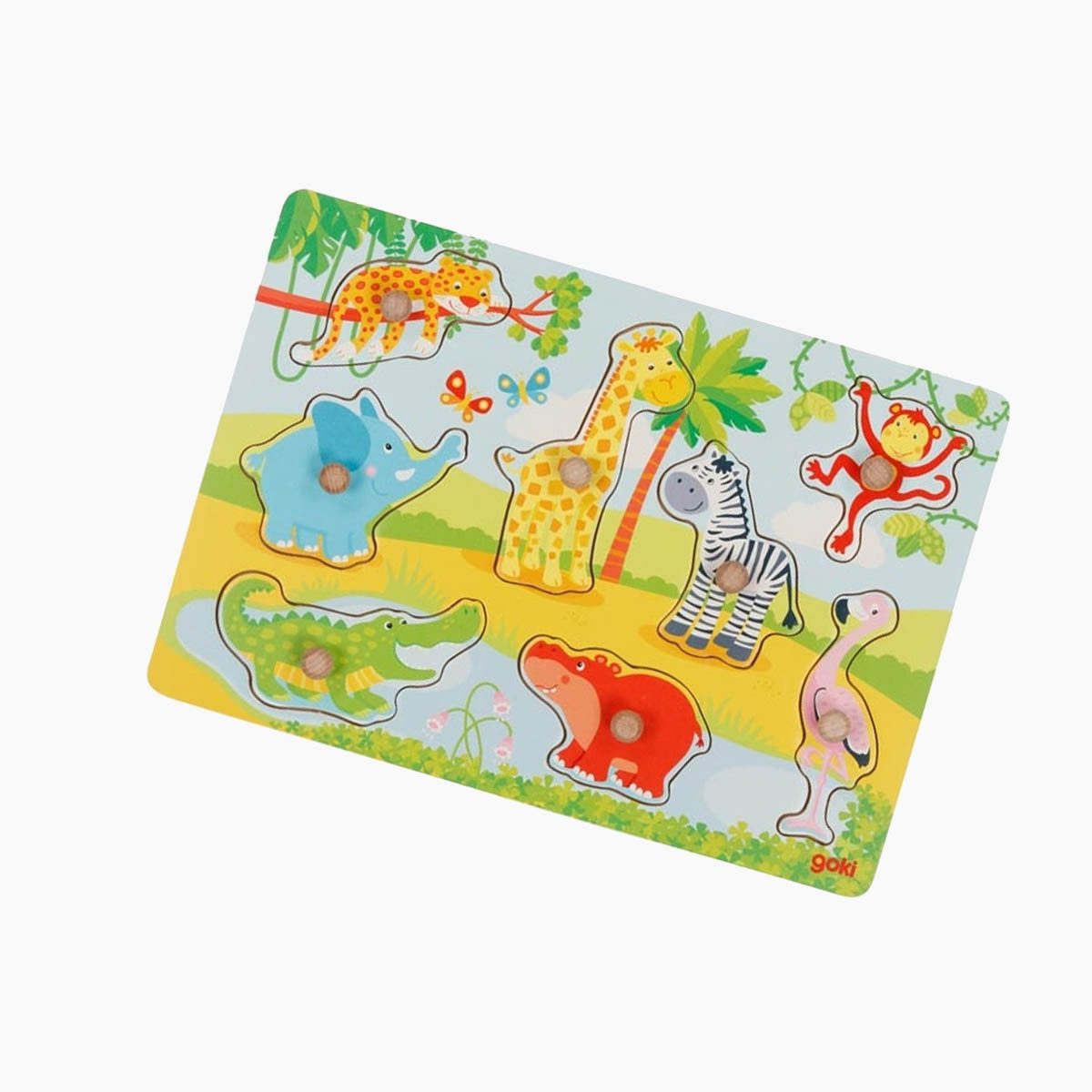 goki Steckpuzzle Steckpuzzle Afrikanische Tierkinder, 8 Puzzleteile, durch die großen Holzgriffe gut zu Greifen