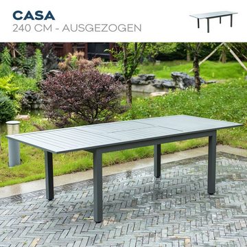 HOME DELUXE Sitzgruppe CASA MADERA, (Esstisch, Terrassentisch, Balkontisch, Ausziehtisch), schnell ausziehbar 160 - 240 cm, aus robustem Aluminium, Gartenmöbel