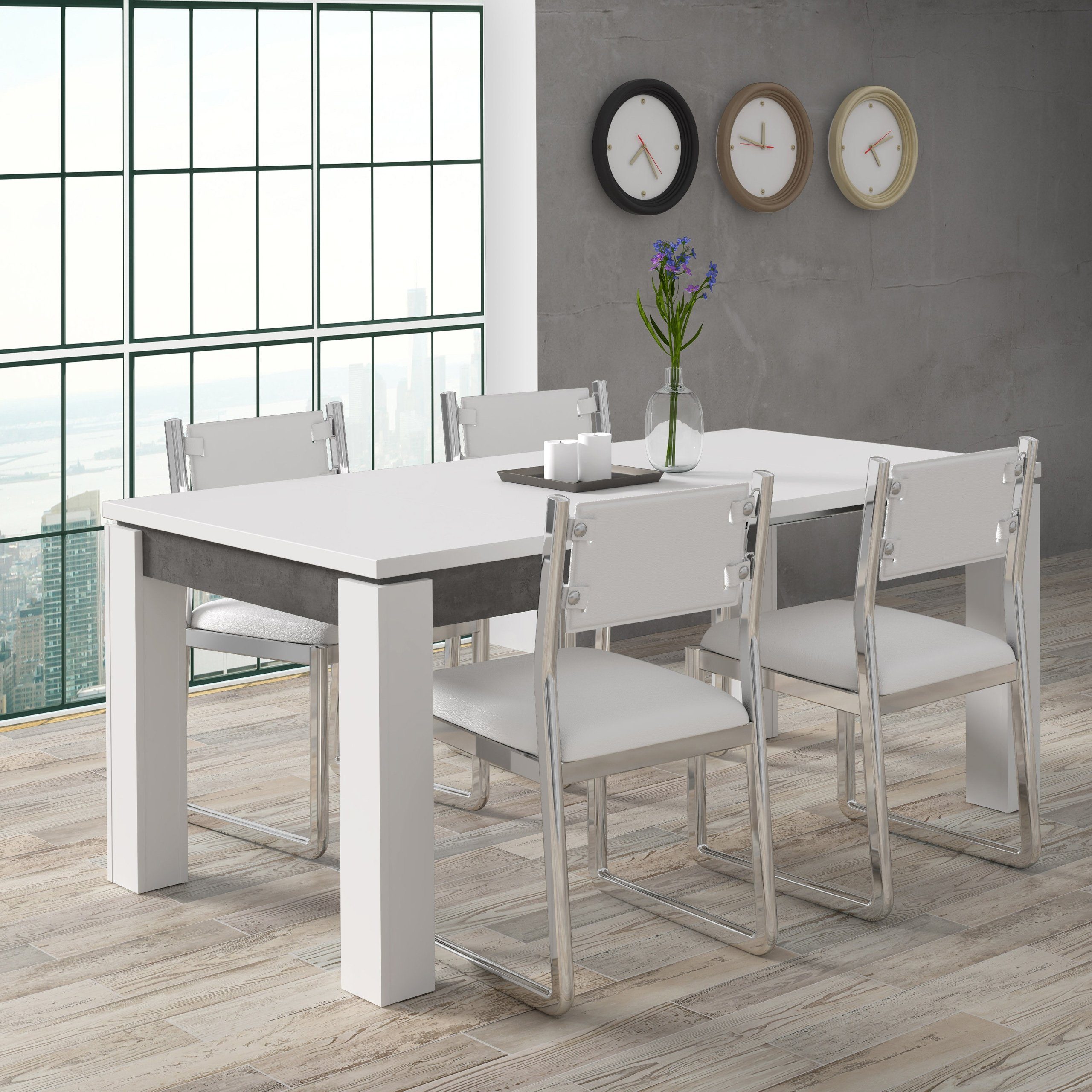 Newroom Esstisch Zanto, Esstisch Weiß Modern Ausziehbar und Betonoptik Esszimmer Tisch