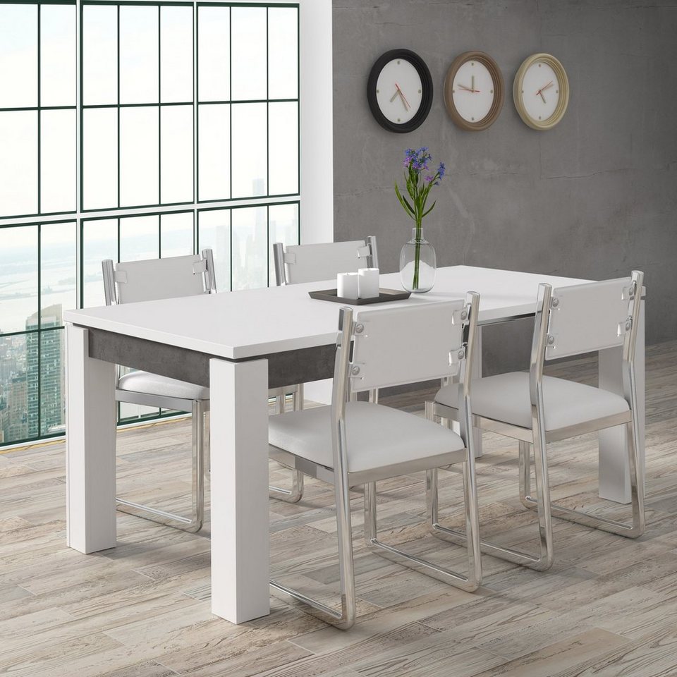 Newroom Esstisch Zanto, Esstisch Weiß und Betonoptik Modern Ausziehbar Tisch  Esszimmer