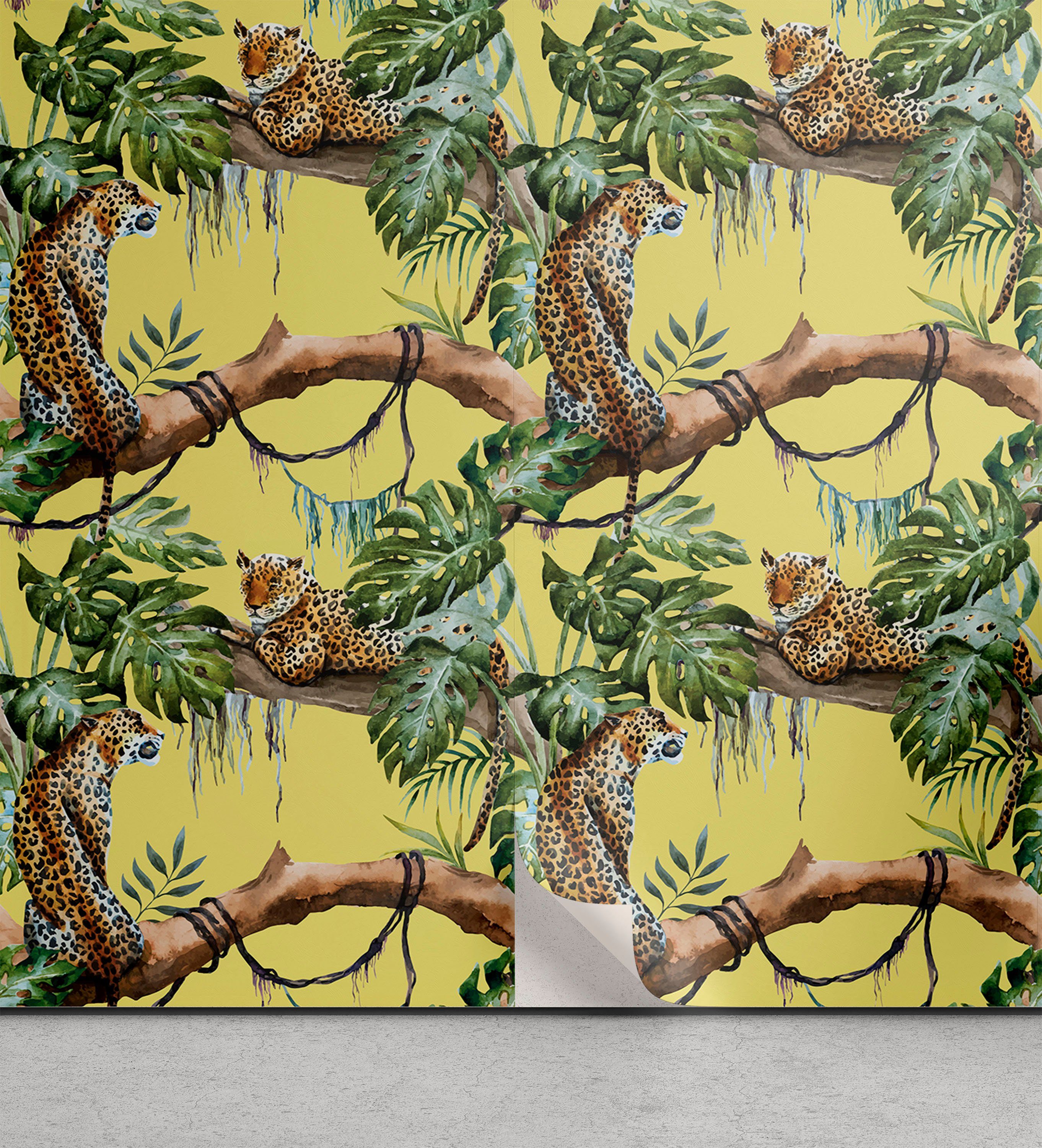 Abakuhaus Vinyltapete selbstklebendes Wohnzimmer Küchenakzent, Aquarell Leoparden in Jungle