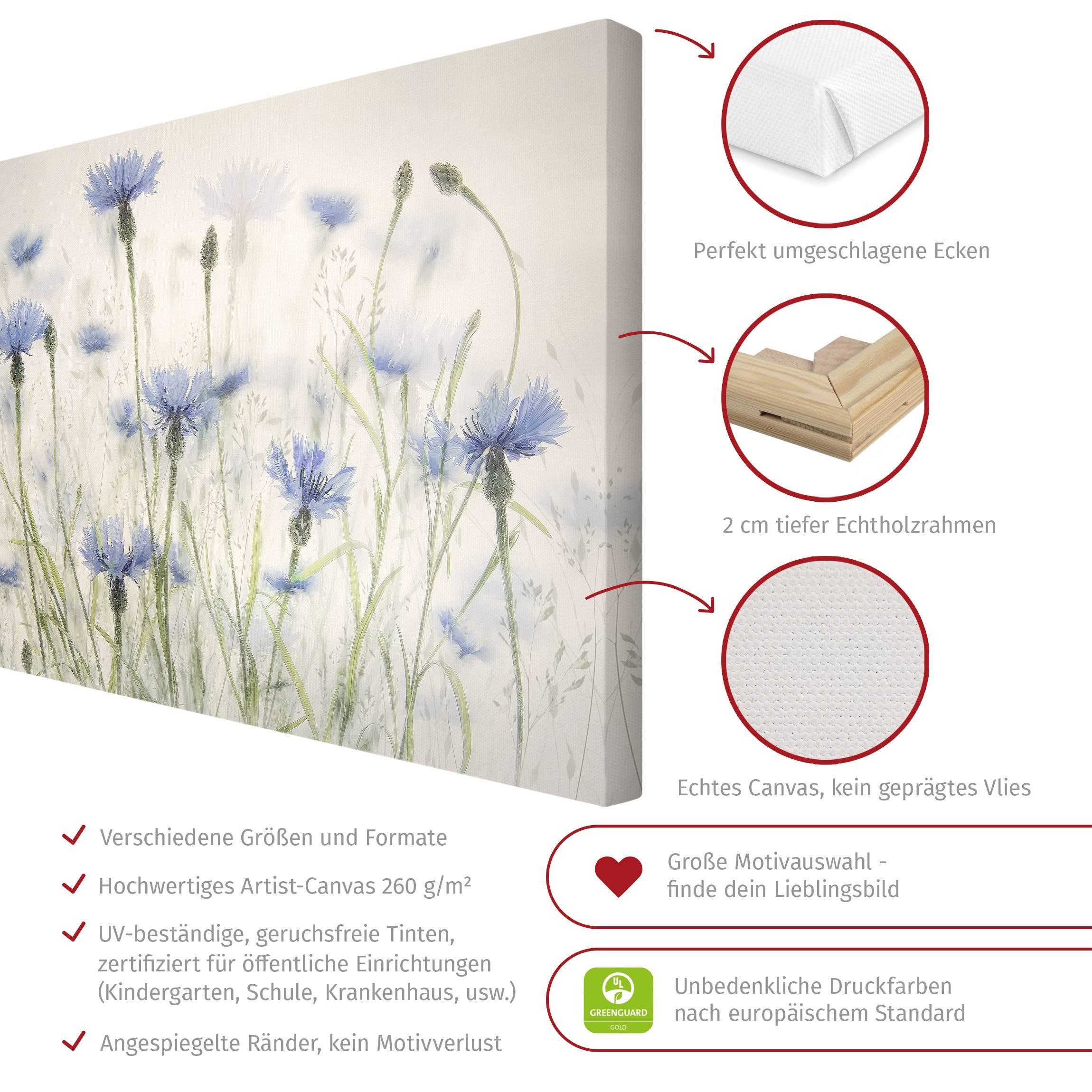 Bilderdepot24 Leinwandbild Blumen Modern Kornblumen Gräser Feld grün Bild auf Leinwand Groß XXL, Wohnzimmer Schlafzimmer Küche Flur Wandbild Kunstdruck Wanddeko Druck