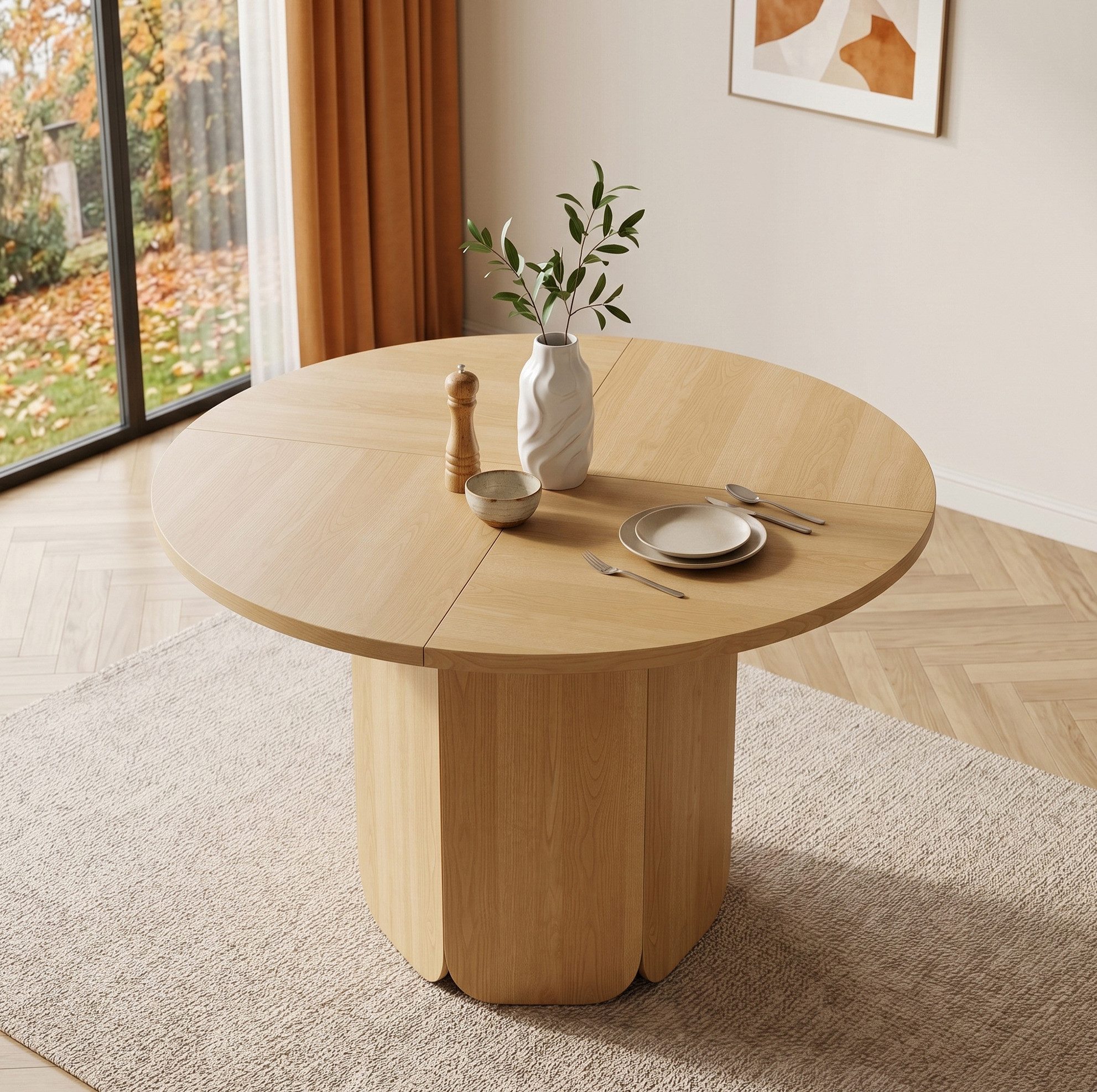 MODFU Esstisch Runder Tisch für 4–6 Personen – skandinavischer Stil (Packung, 1-St., Eiche, kratzfest, vielseitig einsetzbar, 120×120×75 cm), 120 cm Durchmesser, natürliche Optik