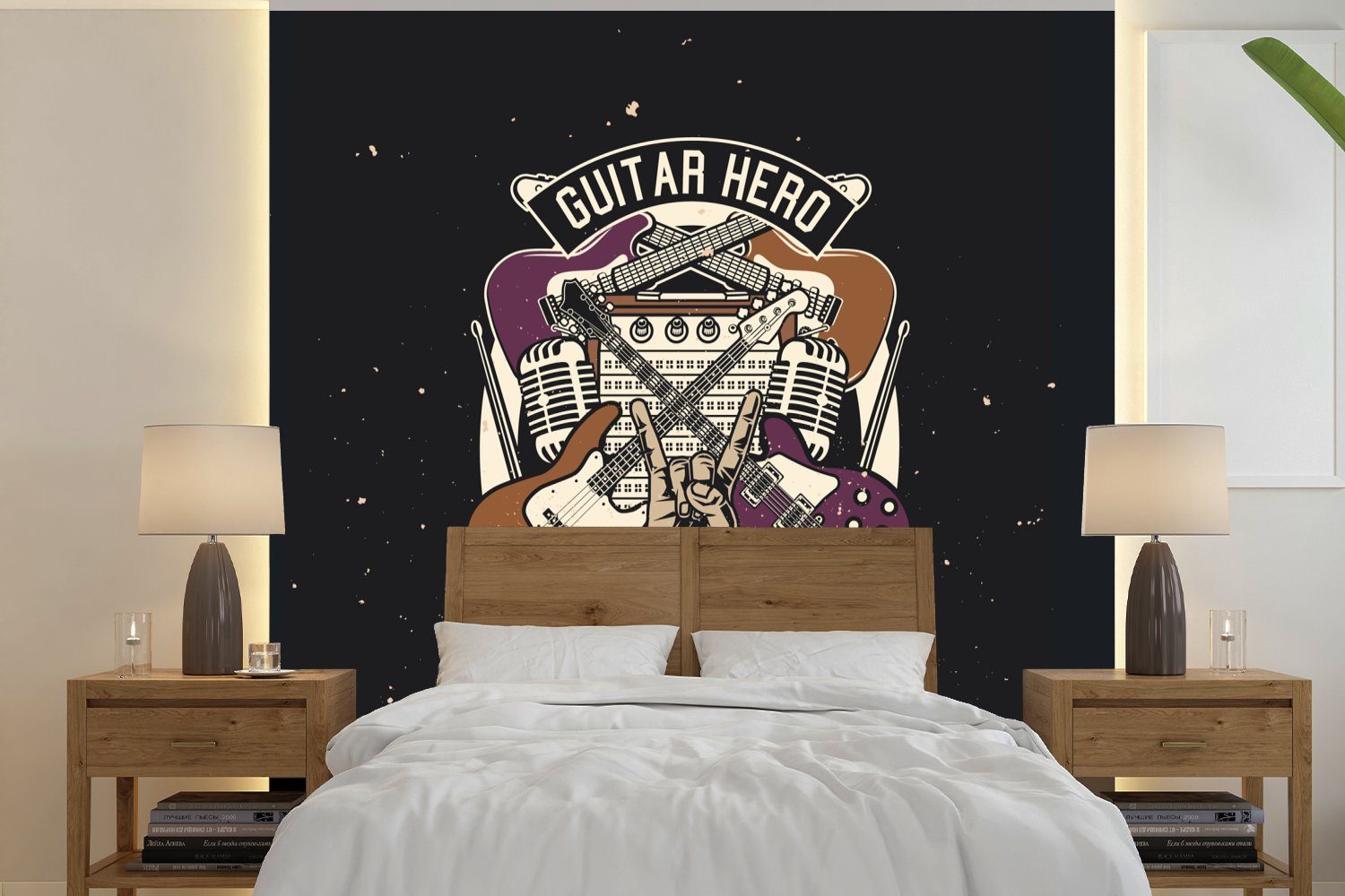 bedruckt, Vinyl Fototapete Schlafzimmer, (5 St), für Matt, Musikinstrumente Retro, Tapete - MuchoWow Gitarre Wandtapete Wohnzimmer oder -