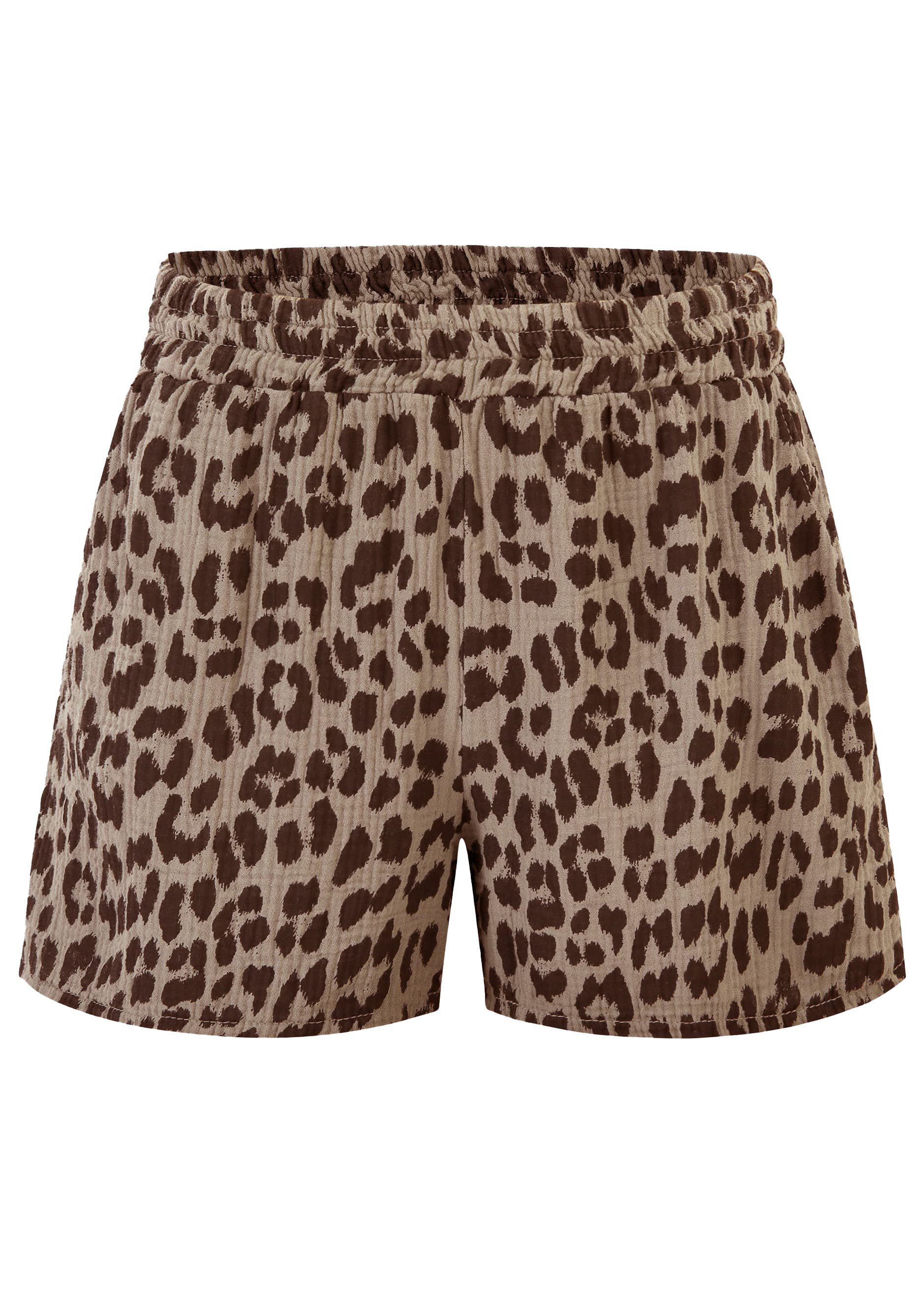 SASSYCLASSY Shorts Musselin Shorts mit Print Damen Bedruckte Baumwollshorts mit elastischem Bund Beige Taupe Pink