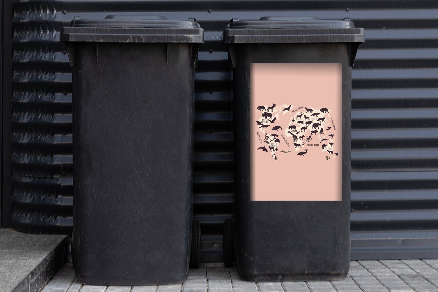 MuchoWow Wandsticker Weltkarte - Tiere Mülleimer-aufkleber, Sticker, Container, Abfalbehälter (1 Scherenschnitt St), - Mülltonne