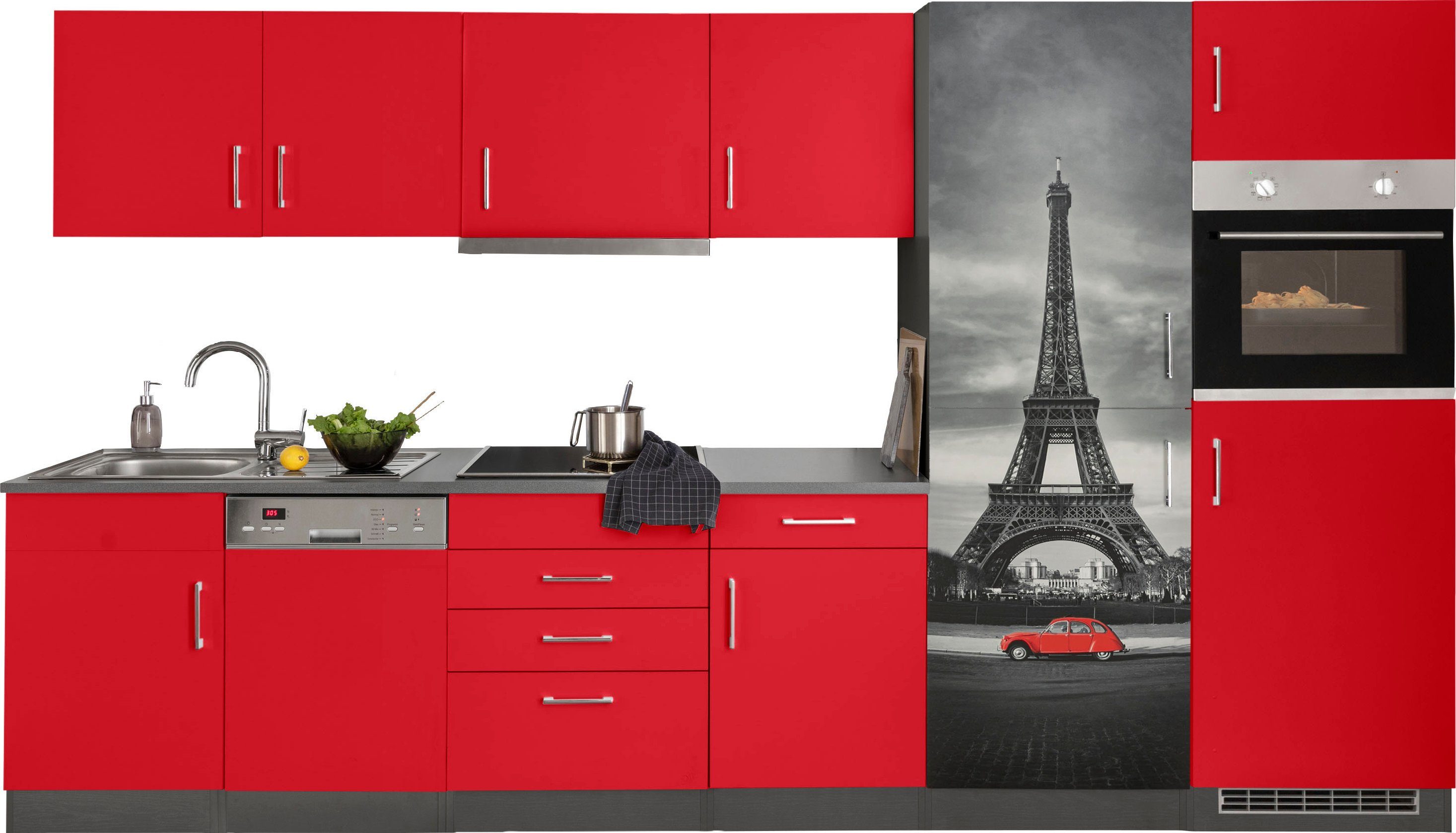 KOCHSTATION Küchenzeile KS-Paris – Küchen mit einzigartigen Fotomotiven auf den Fronten, Breite 340 cm, wahlweise mit E-Geräten und Induktion