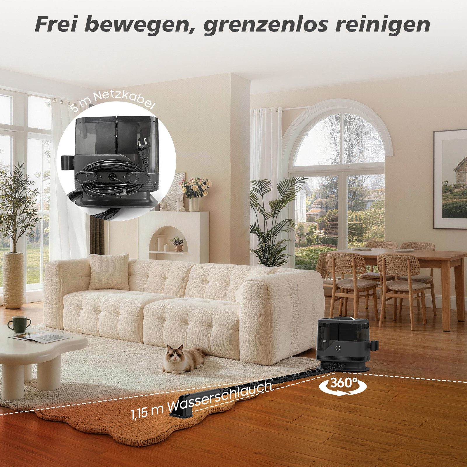 AIMAX Teppichreinigungsgerät Polsterreinigungsgerät, Waschsauger, 2 Reinigungsdüsen, 400 W, beutellos, Selbstreinigung und langem Schlauch, für Sofas, Teppiche, Autositze