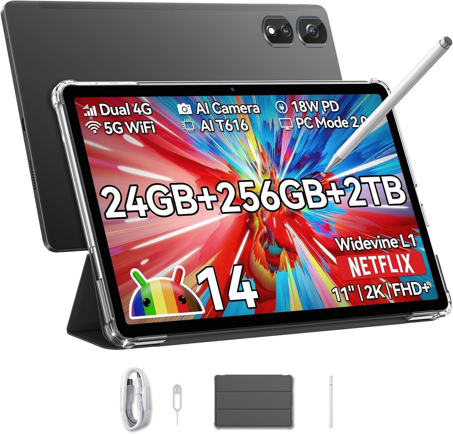 blackview Tab16Pro(8+256) Dual-SIM 4G LTE incl. Stift/Hülle Tablet (11", 256 GB, 4G LTE, FHD Display, 7700mAh Akku, Android 14, mit schutzhülle/Stift)