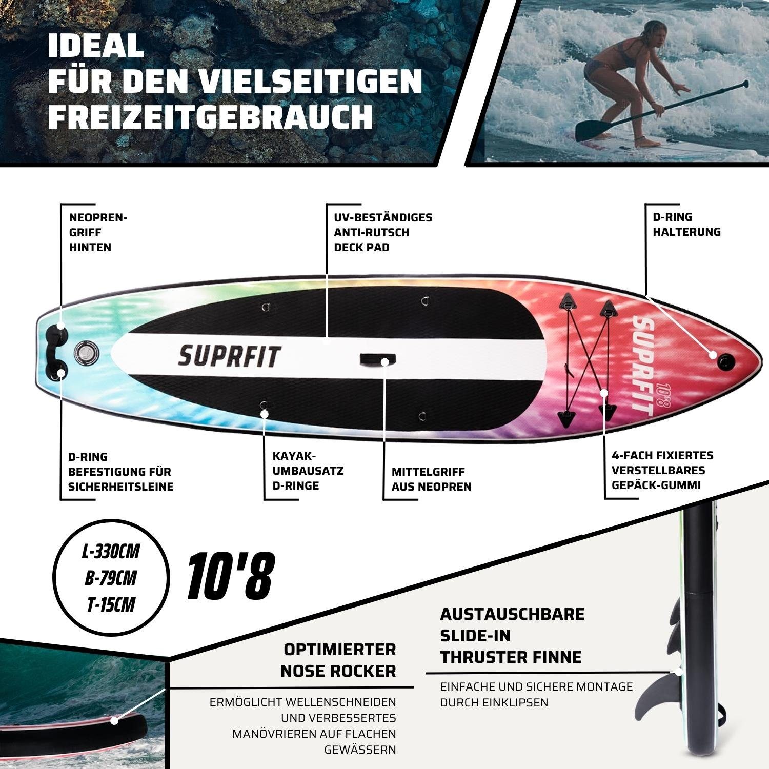 SF SUPRFIT SUP-Board Stand-Up-Paddling Board Batik, als aufblasbares Komplett-Set, Stand Up Paddle Board mit doppelter PVC Schichtung, Optimal ab 60 kg, max 140 kg - 330 x 78 x 15 cm